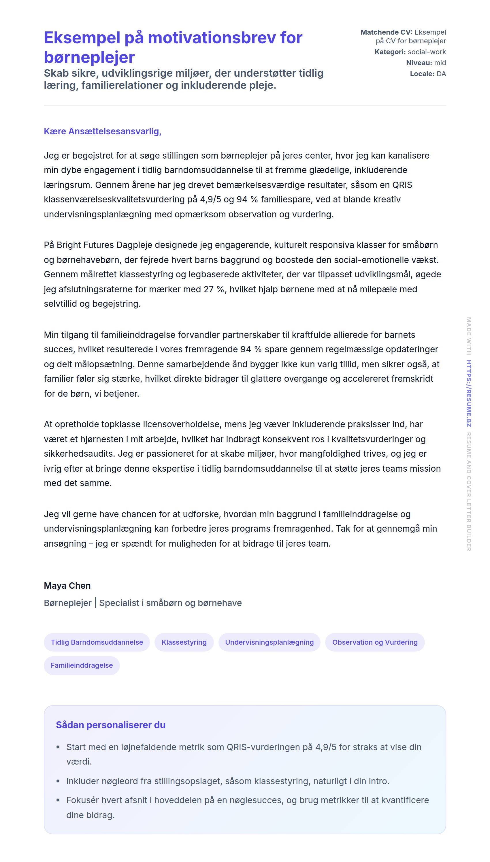Ansøgningsbrev forhåndsvisning for Eksempel på motivationsbrev for børneplejer