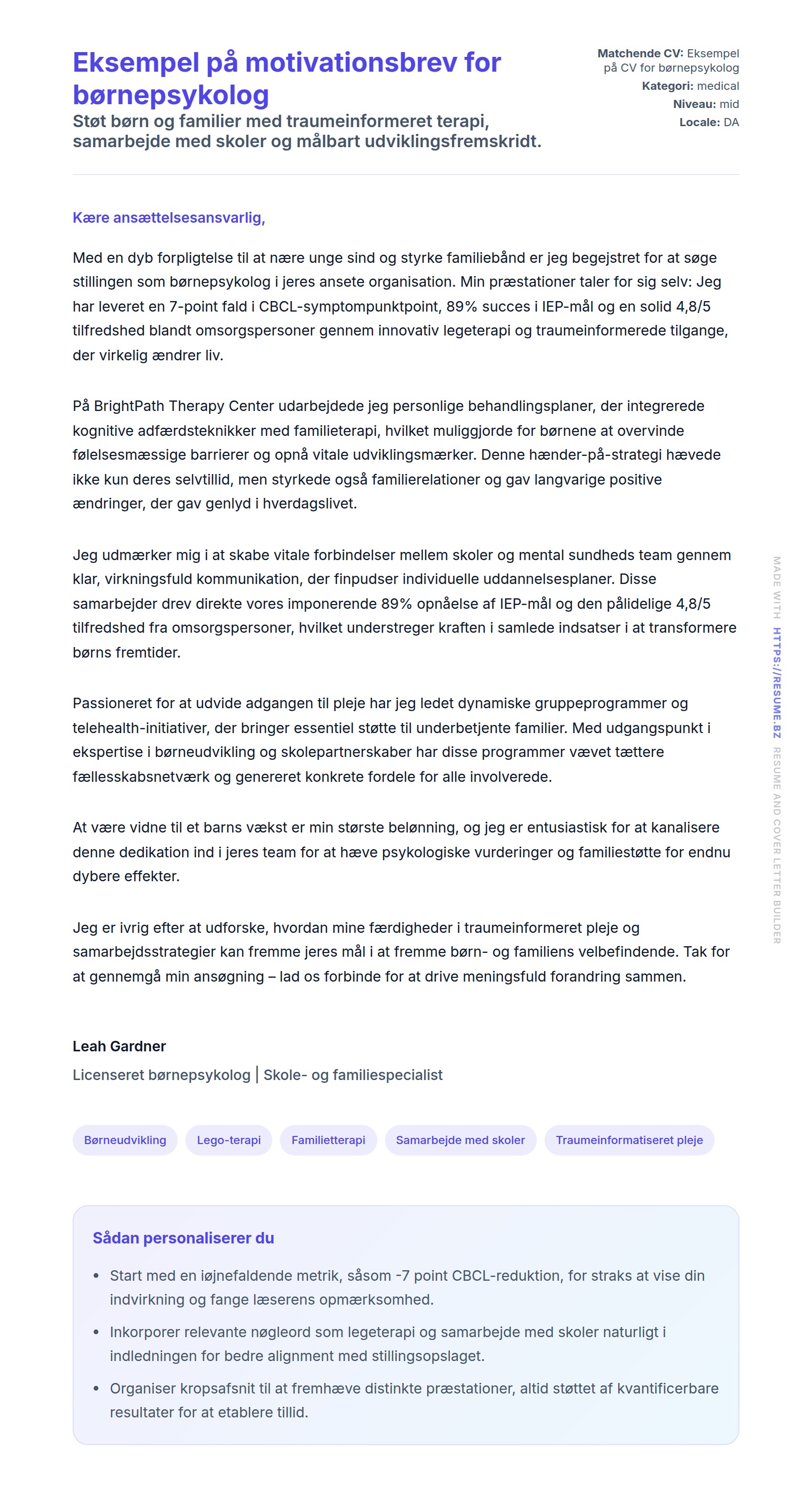 Ansøgningsbrev forhåndsvisning for Eksempel på motivationsbrev for børnepsykolog