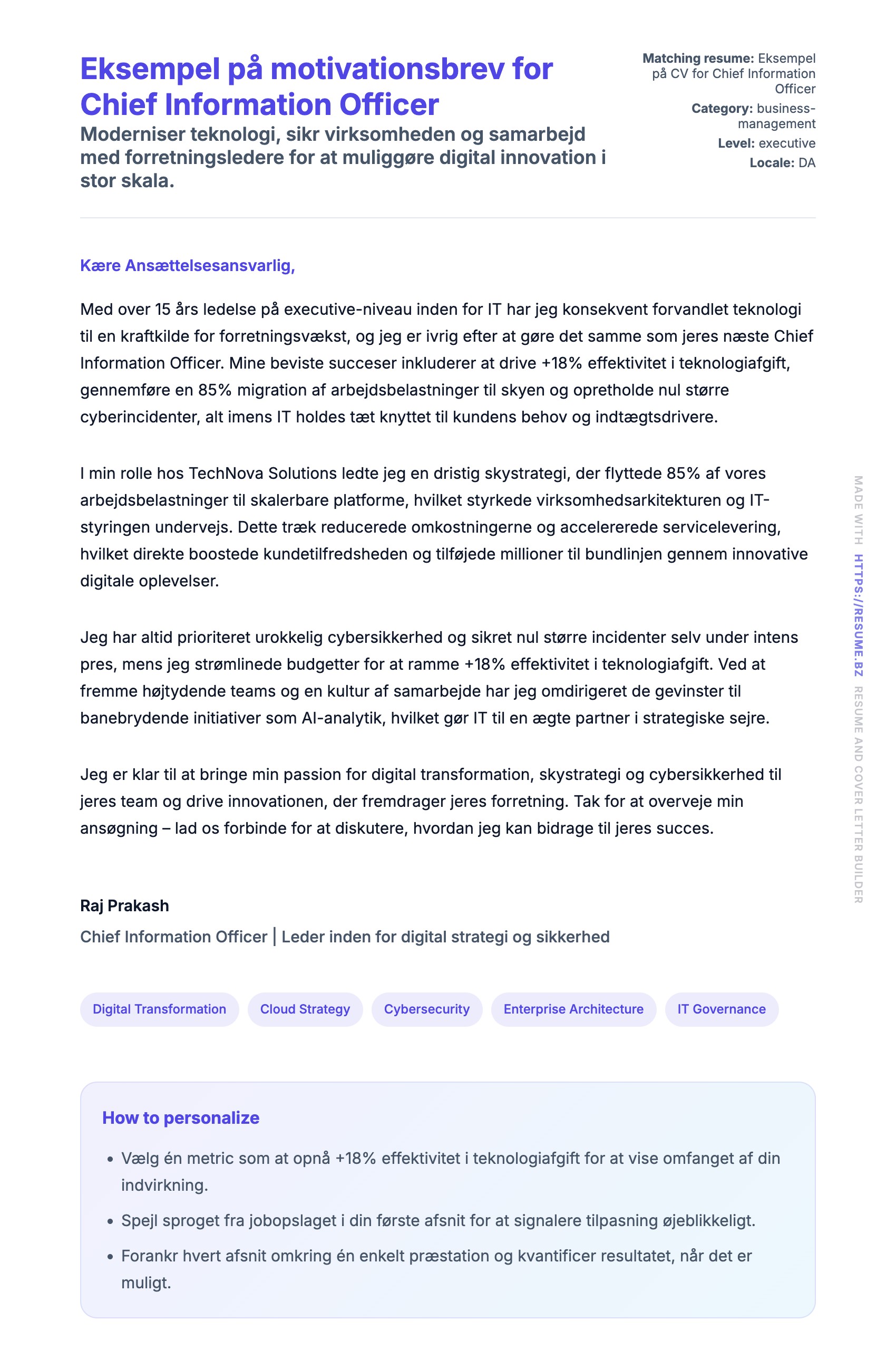 Ansøgningsbrev forhåndsvisning for Eksempel på motivationsbrev for Chief Information Officer