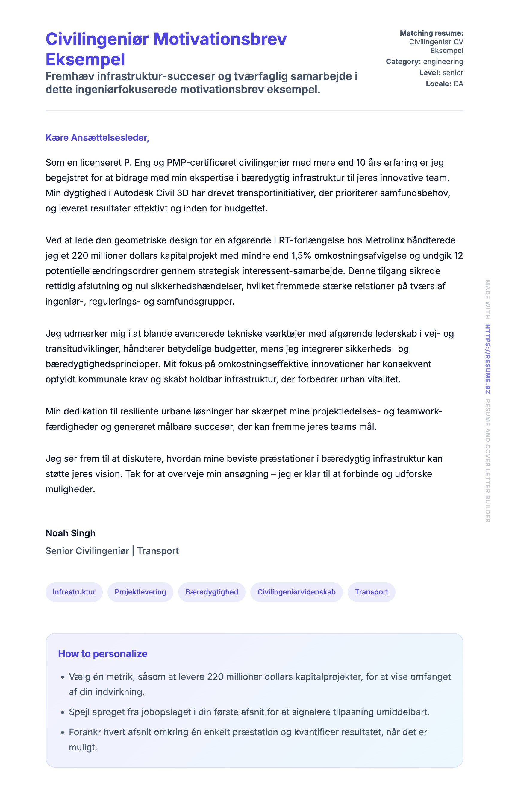 Ansøgningsbrev forhåndsvisning for Civilingeniør Motivationsbrev Eksempel