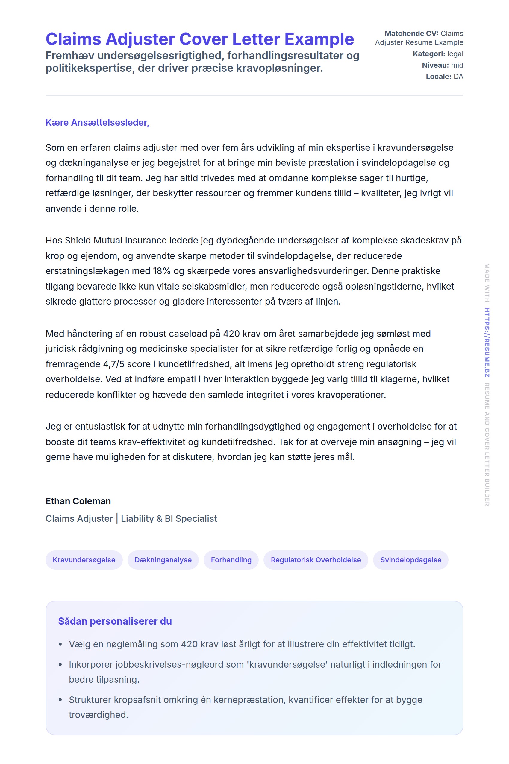 Ansøgningsbrev forhåndsvisning for Claims Adjuster Cover Letter Example