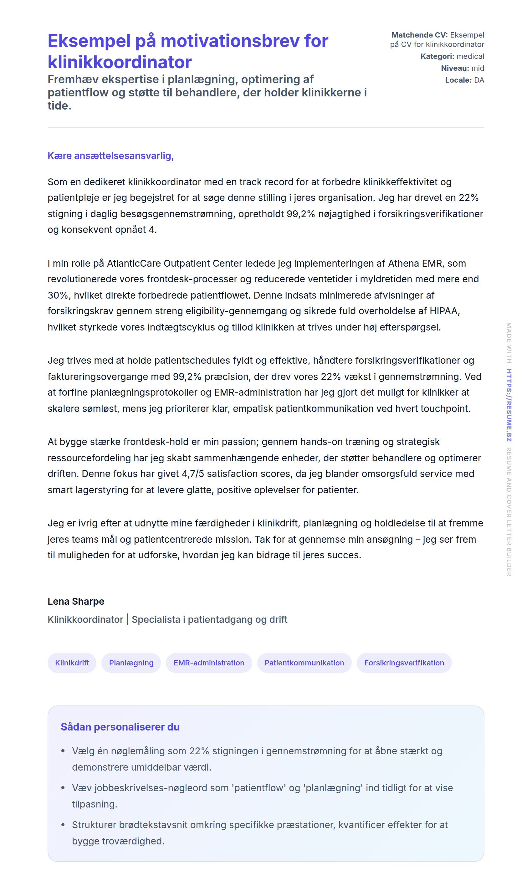 Ansøgningsbrev forhåndsvisning for Eksempel på motivationsbrev for klinikkoordinator