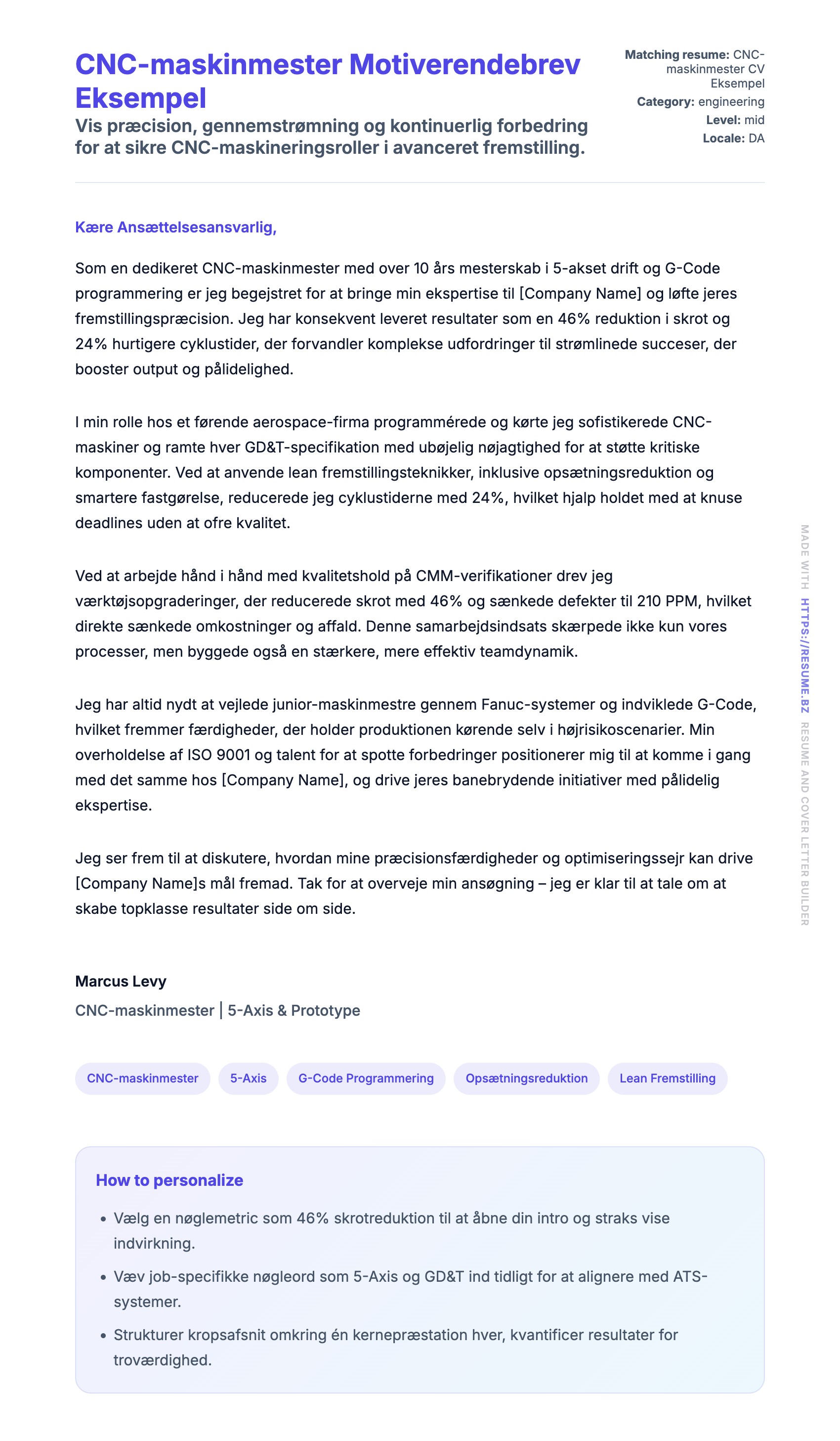 Ansøgningsbrev forhåndsvisning for CNC-maskinmester Motiverendebrev Eksempel
