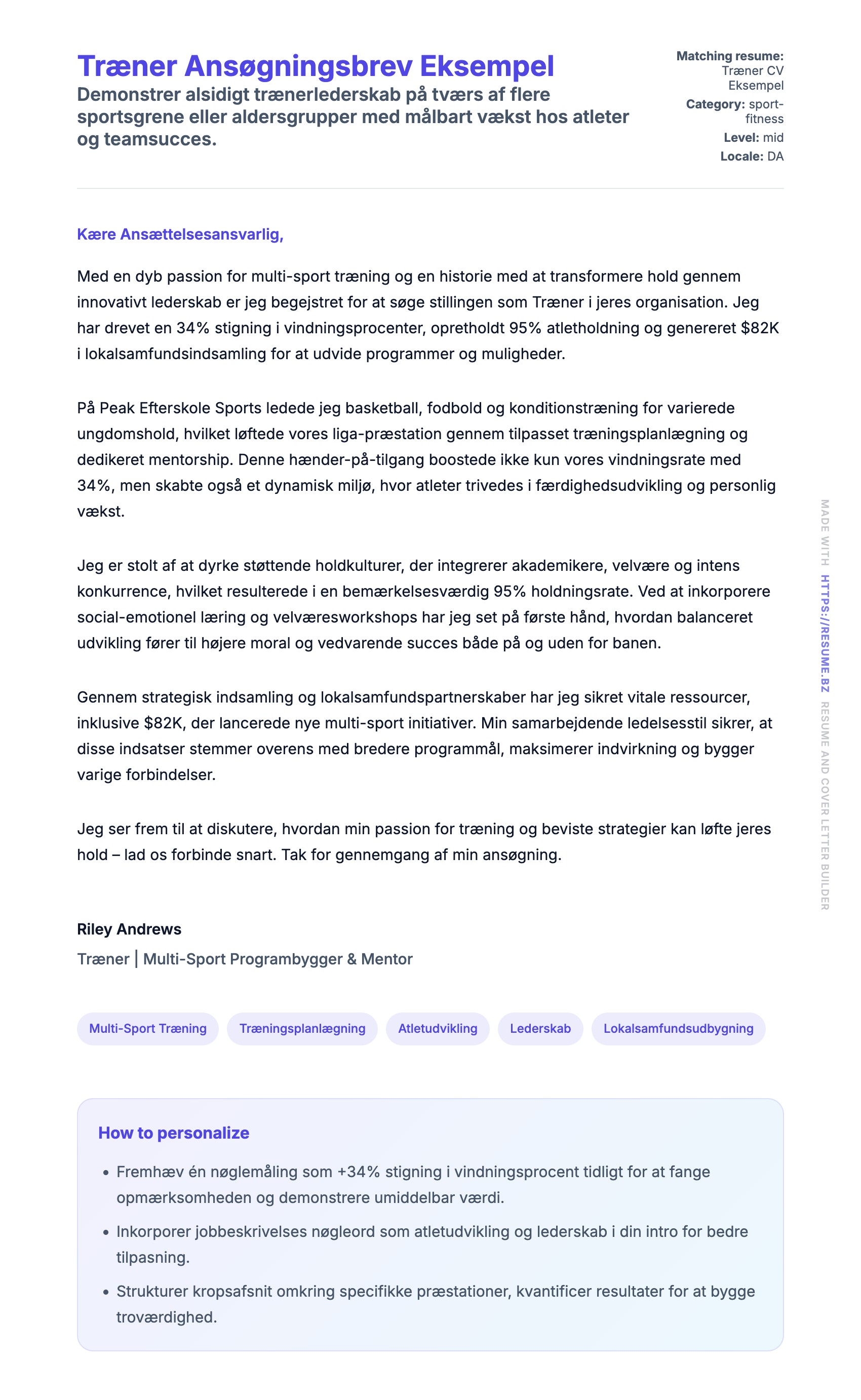 Ansøgningsbrev forhåndsvisning for Træner Ansøgningsbrev Eksempel