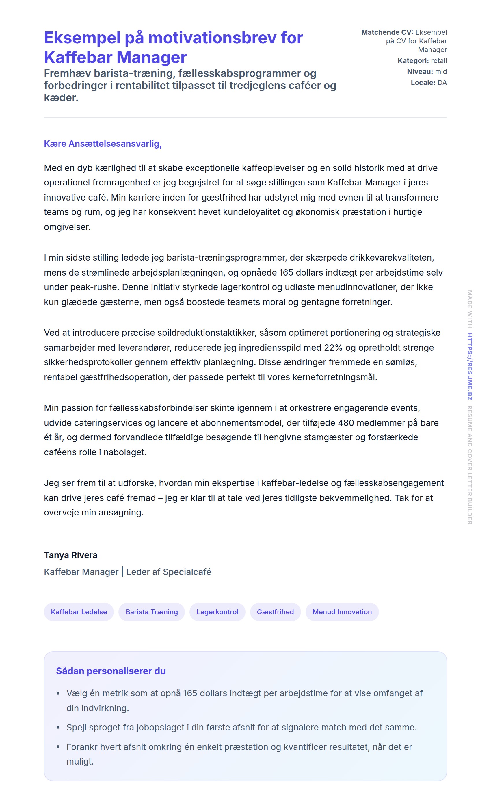 Ansøgningsbrev forhåndsvisning for Eksempel på motivationsbrev for Kaffebar Manager