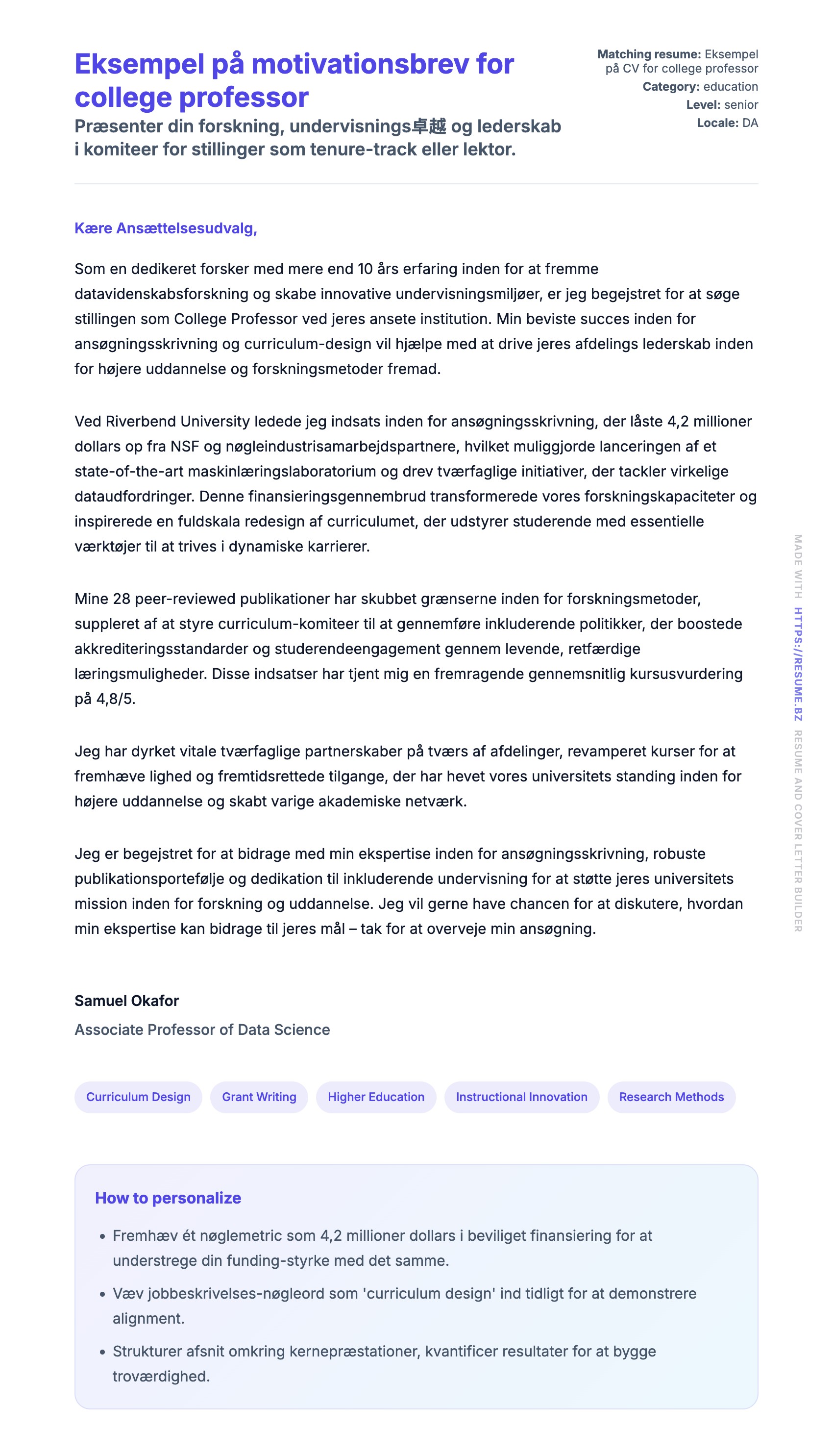 Ansøgningsbrev forhåndsvisning for Eksempel på motivationsbrev for college professor