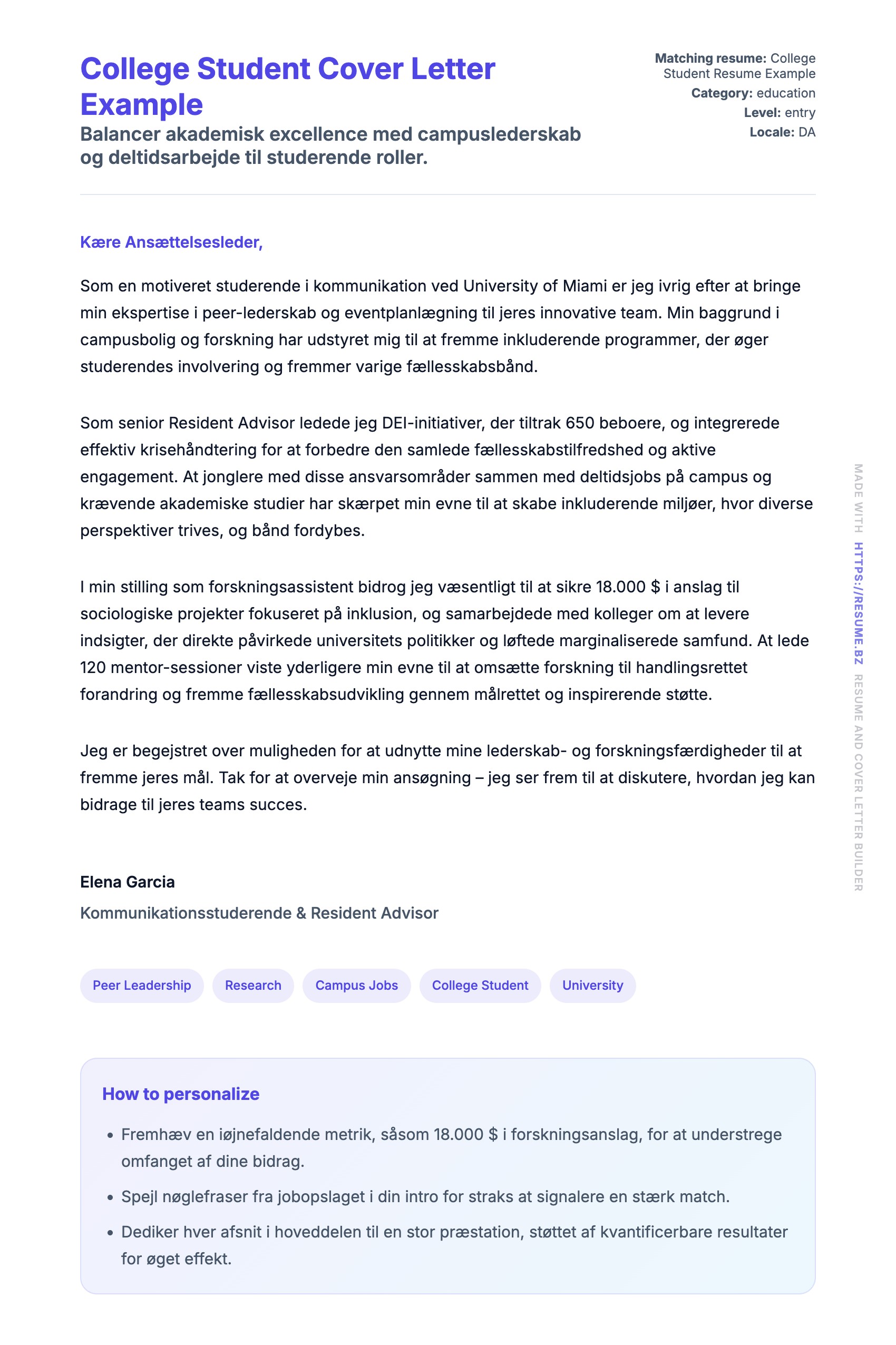 Ansøgningsbrev forhåndsvisning for College Student Cover Letter Example