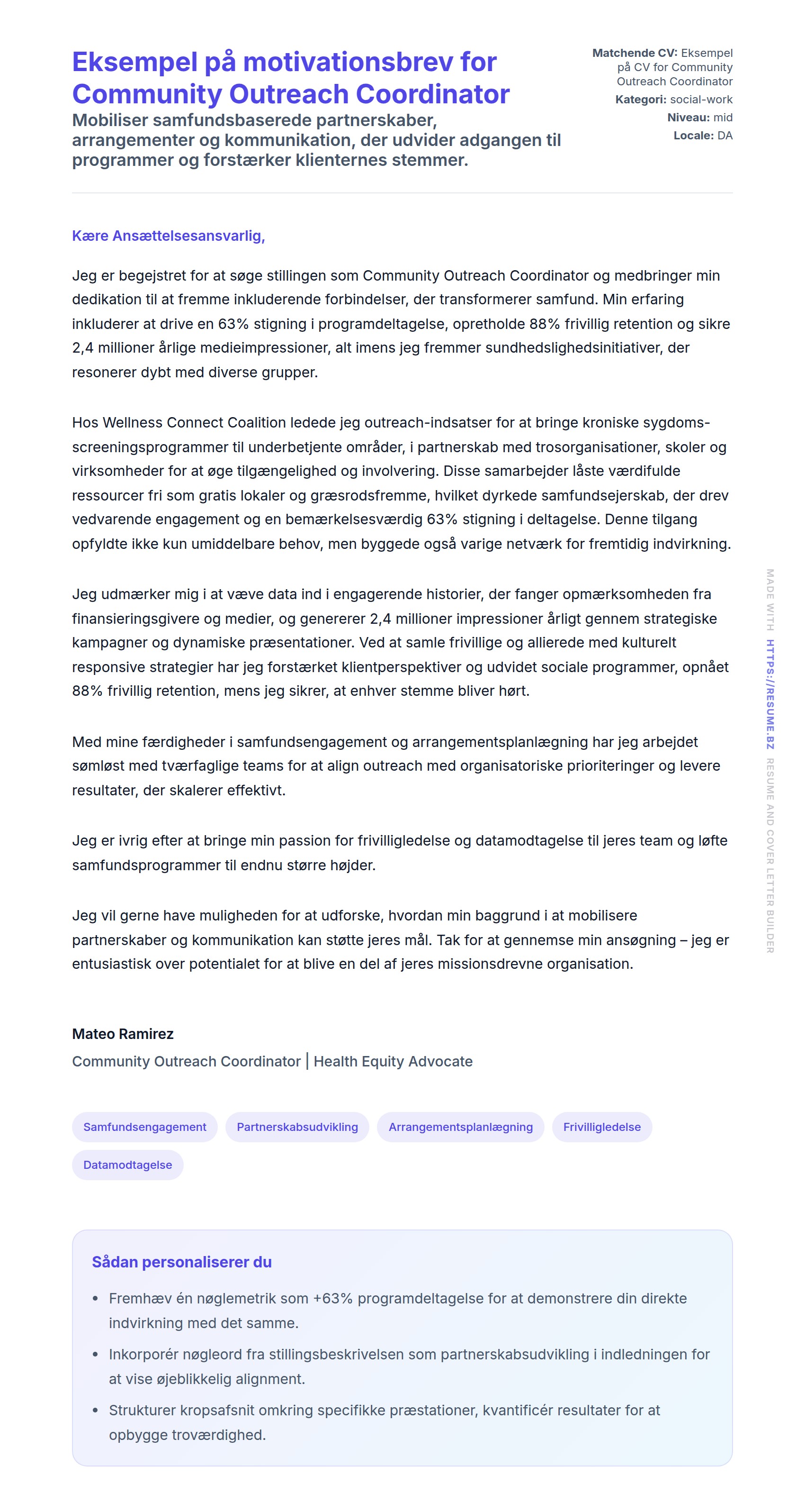 Ansøgningsbrev forhåndsvisning for Eksempel på motivationsbrev for Community Outreach Coordinator