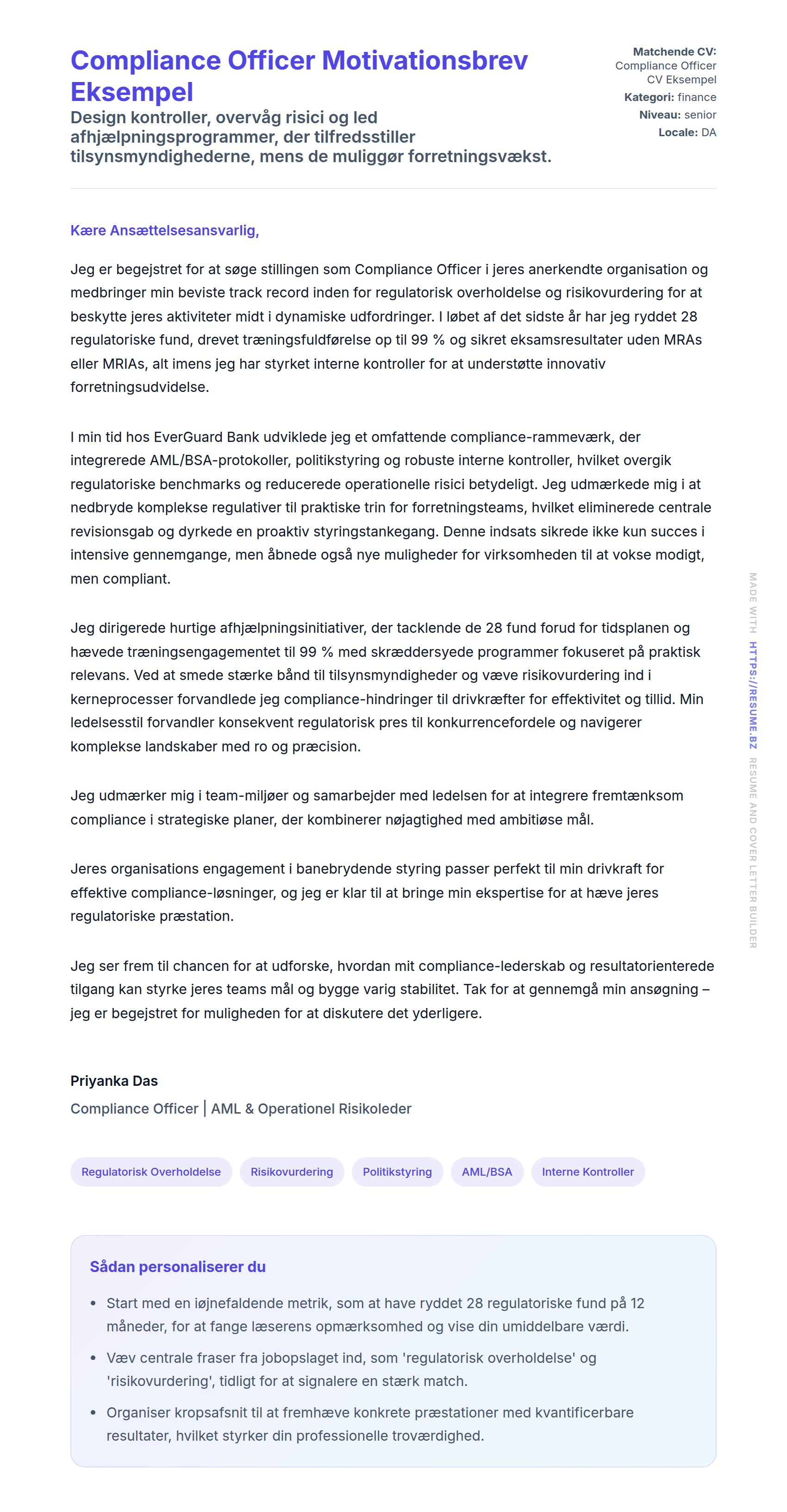 Ansøgningsbrev forhåndsvisning for Compliance Officer Motivationsbrev Eksempel