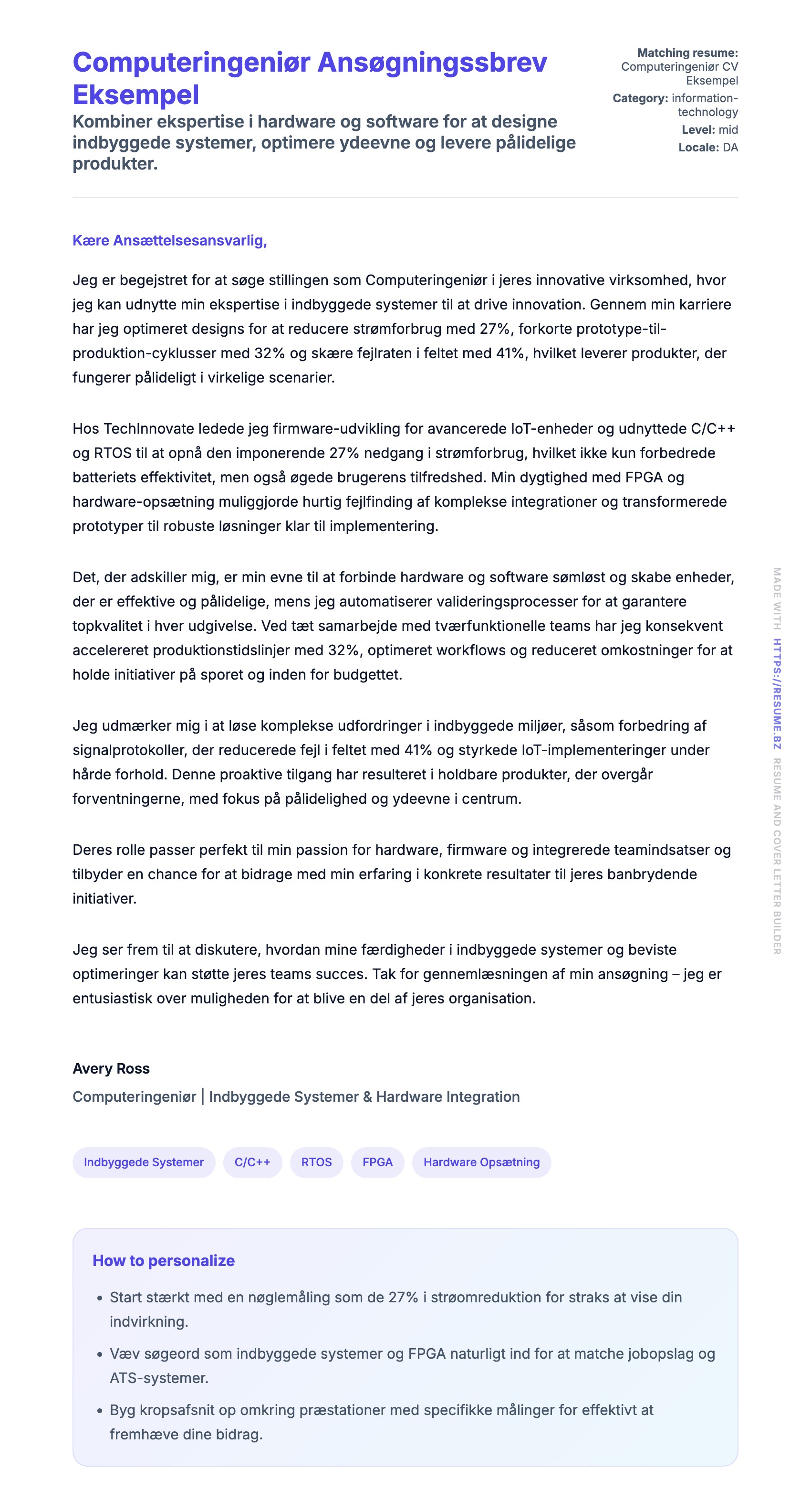 Ansøgningsbrev forhåndsvisning for Computeringeniør Ansøgningssbrev Eksempel