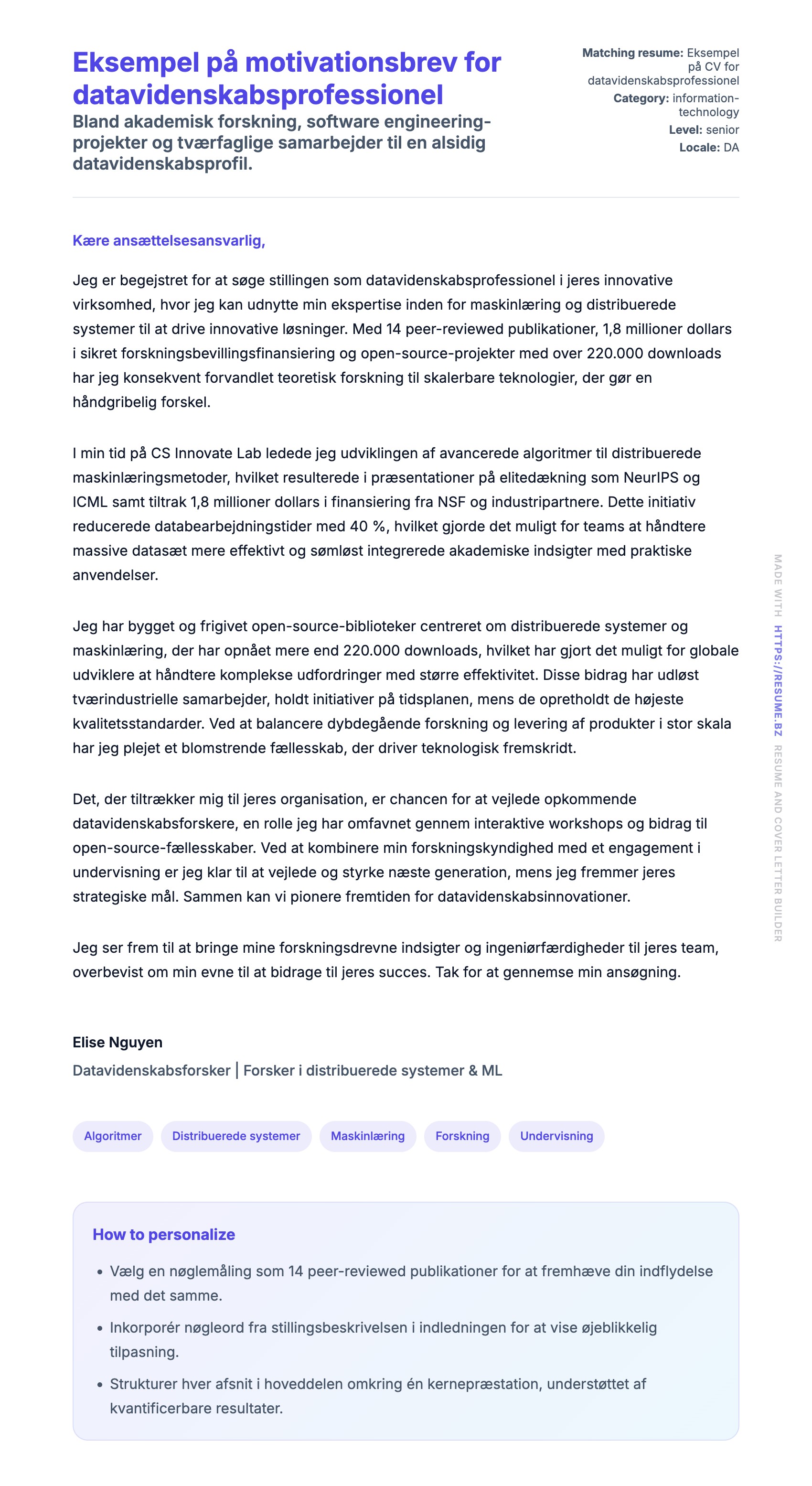 Ansøgningsbrev forhåndsvisning for Eksempel på motivationsbrev for datavidenskabsprofessionel