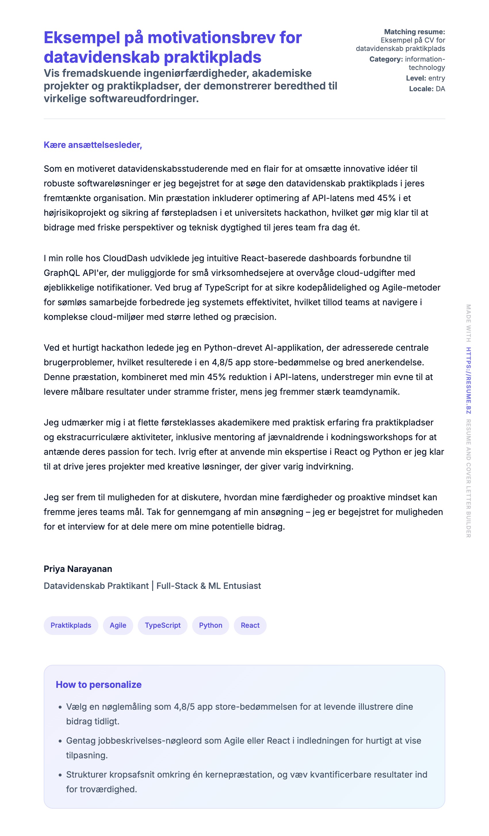 Ansøgningsbrev forhåndsvisning for Eksempel på motivationsbrev for datavidenskab praktikplads