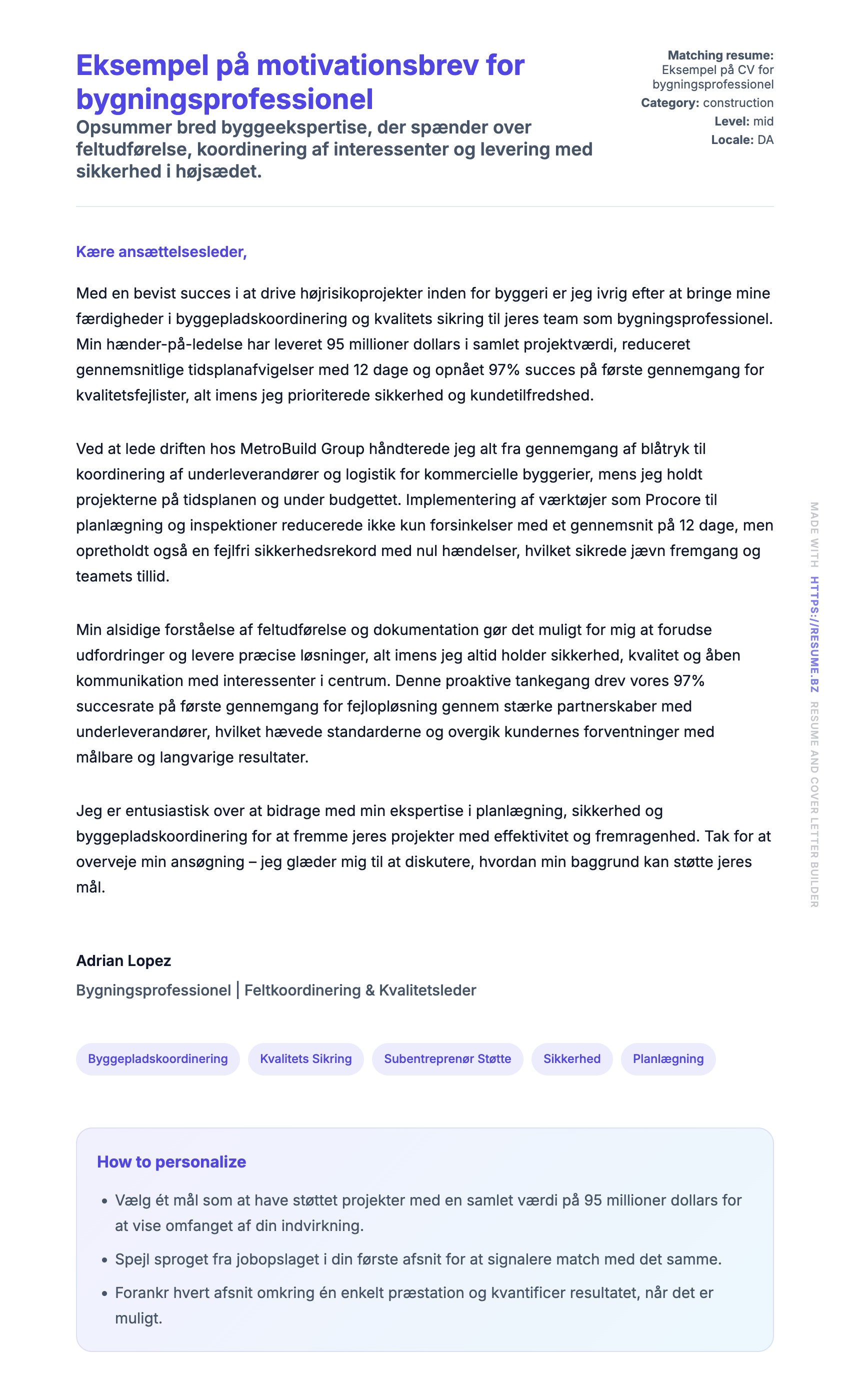 Ansøgningsbrev forhåndsvisning for Eksempel på motivationsbrev for bygningsprofessionel