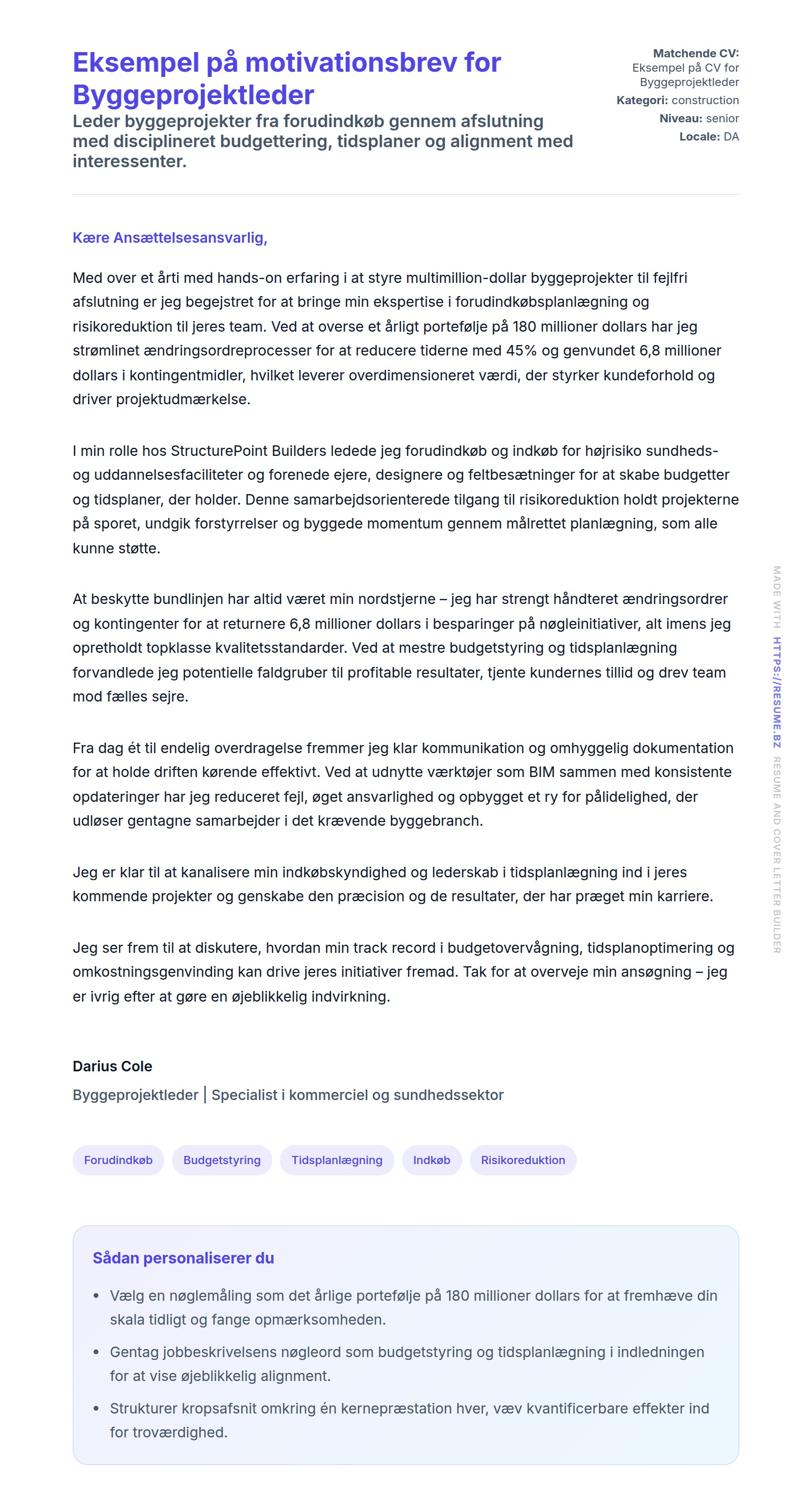 Ansøgningsbrev forhåndsvisning for Eksempel på motivationsbrev for Byggeprojektleder