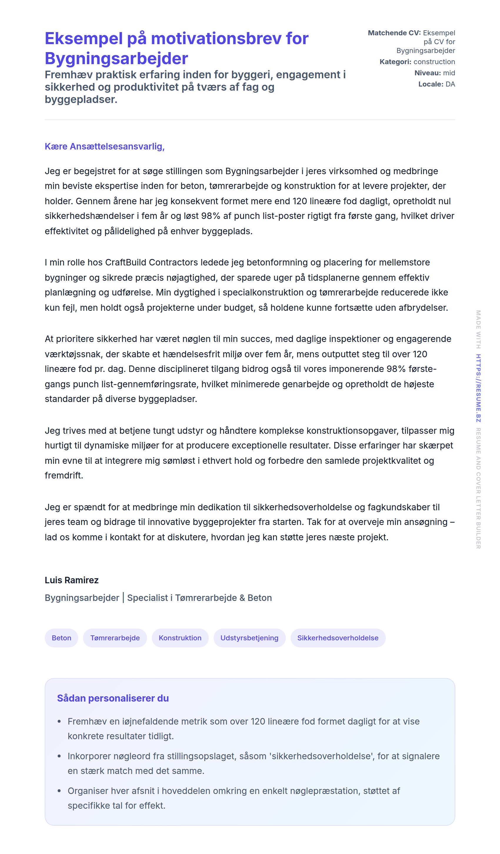 Eksempel på motivationsbrev for Bygningsarbejder