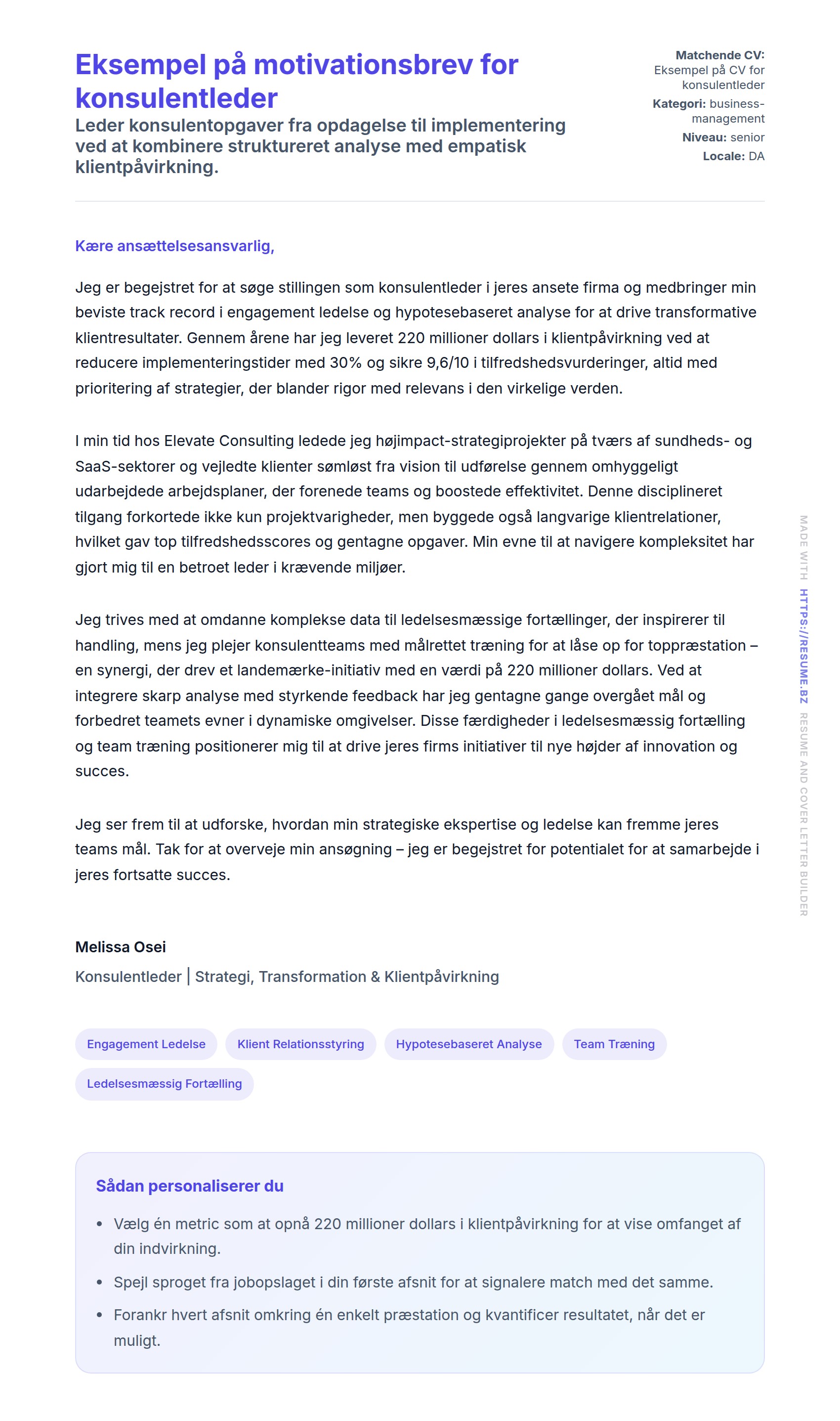 Ansøgningsbrev forhåndsvisning for Eksempel på motivationsbrev for konsulentleder