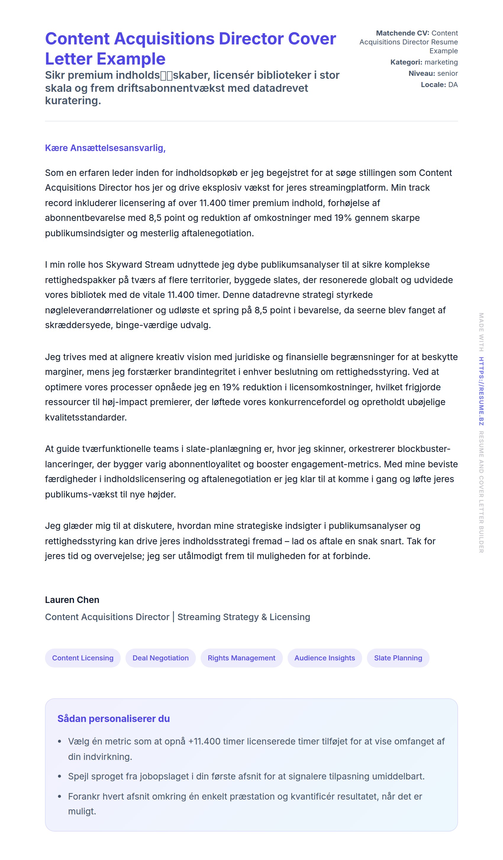 Ansøgningsbrev forhåndsvisning for Content Acquisitions Director Cover Letter Example