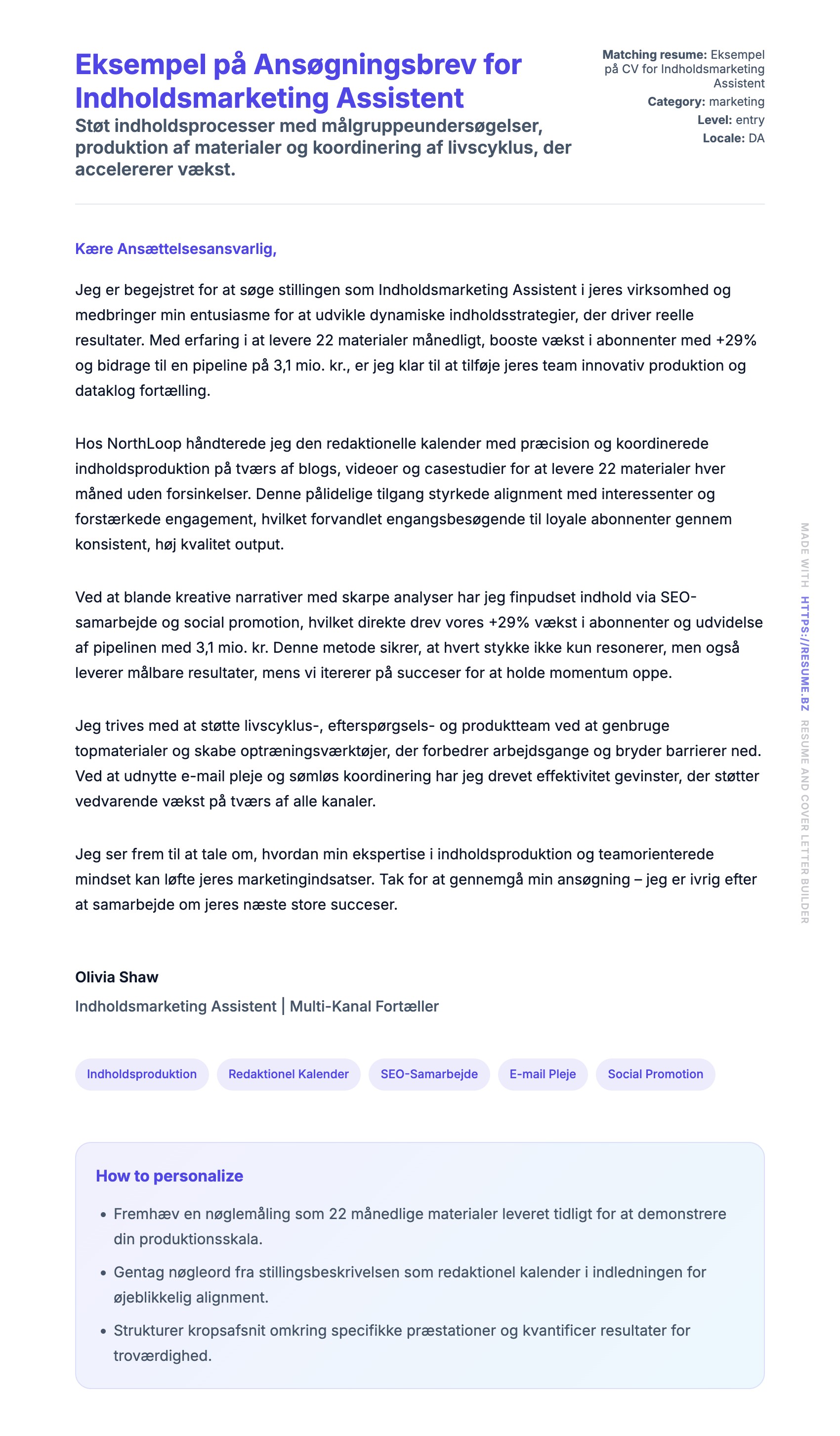 Ansøgningsbrev forhåndsvisning for Eksempel på Ansøgningsbrev for Indholdsmarketing Assistent