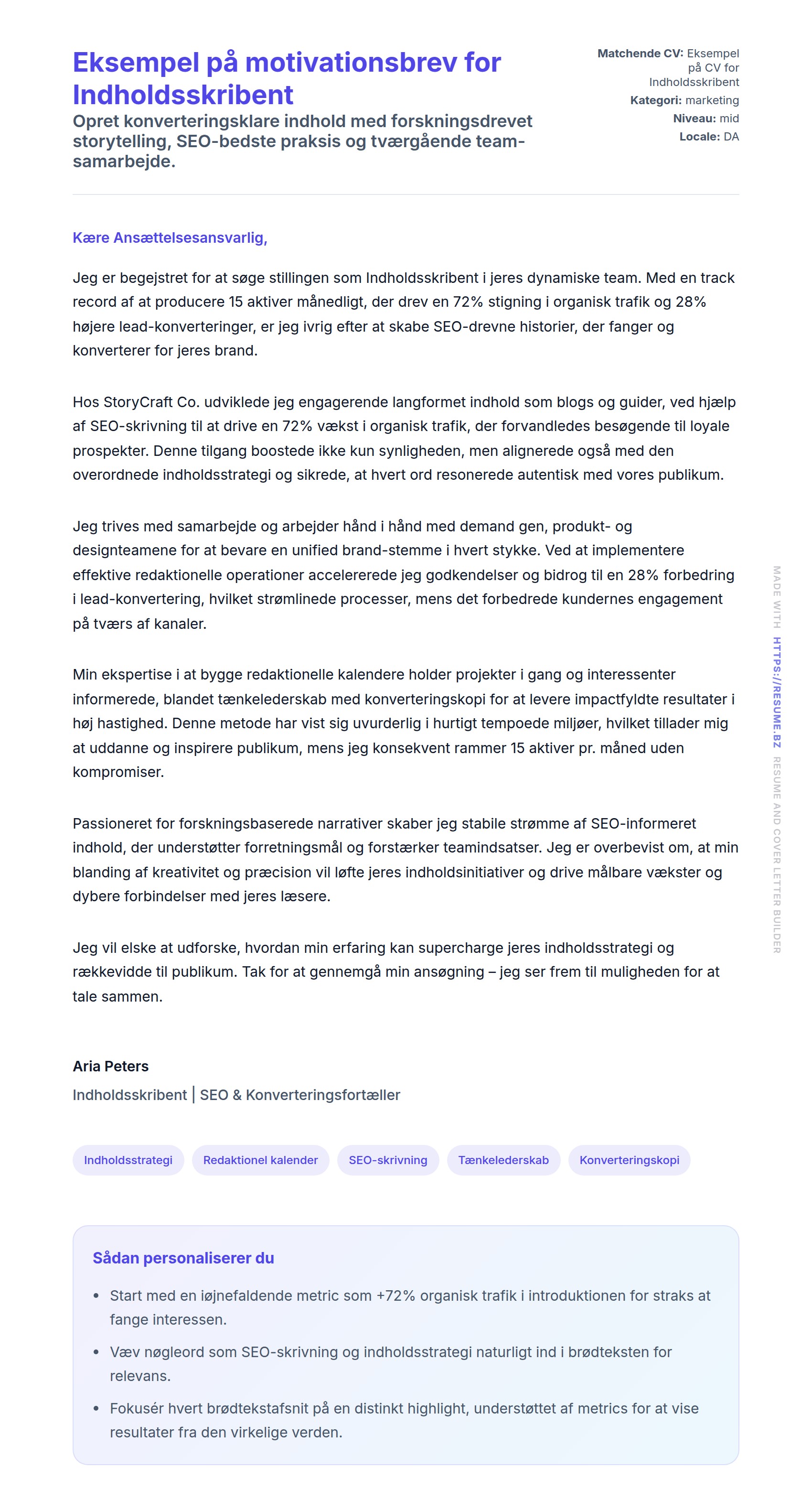 Ansøgningsbrev forhåndsvisning for Eksempel på motivationsbrev for Indholdsskribent