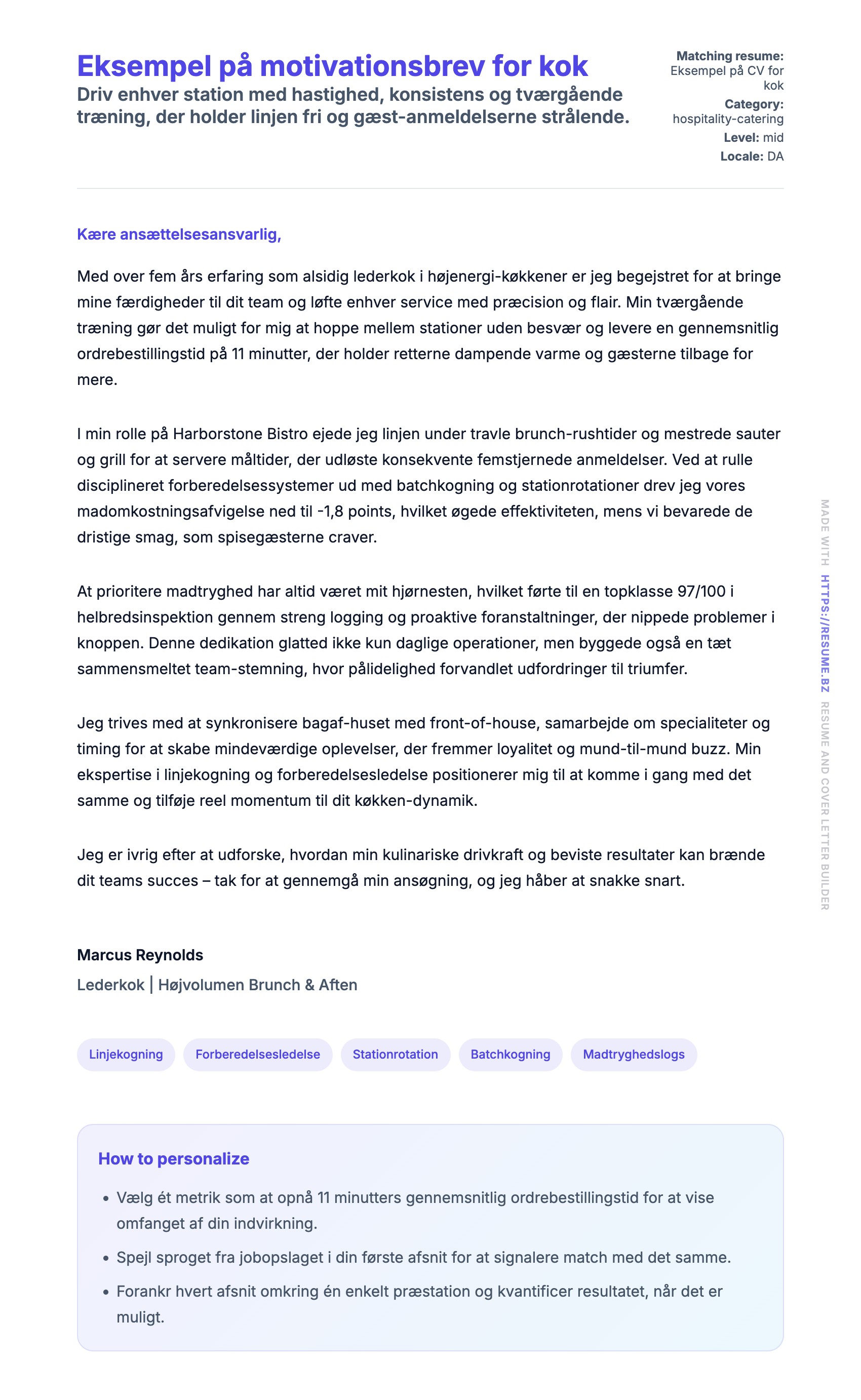 Ansøgningsbrev forhåndsvisning for Eksempel på motivationsbrev for kok