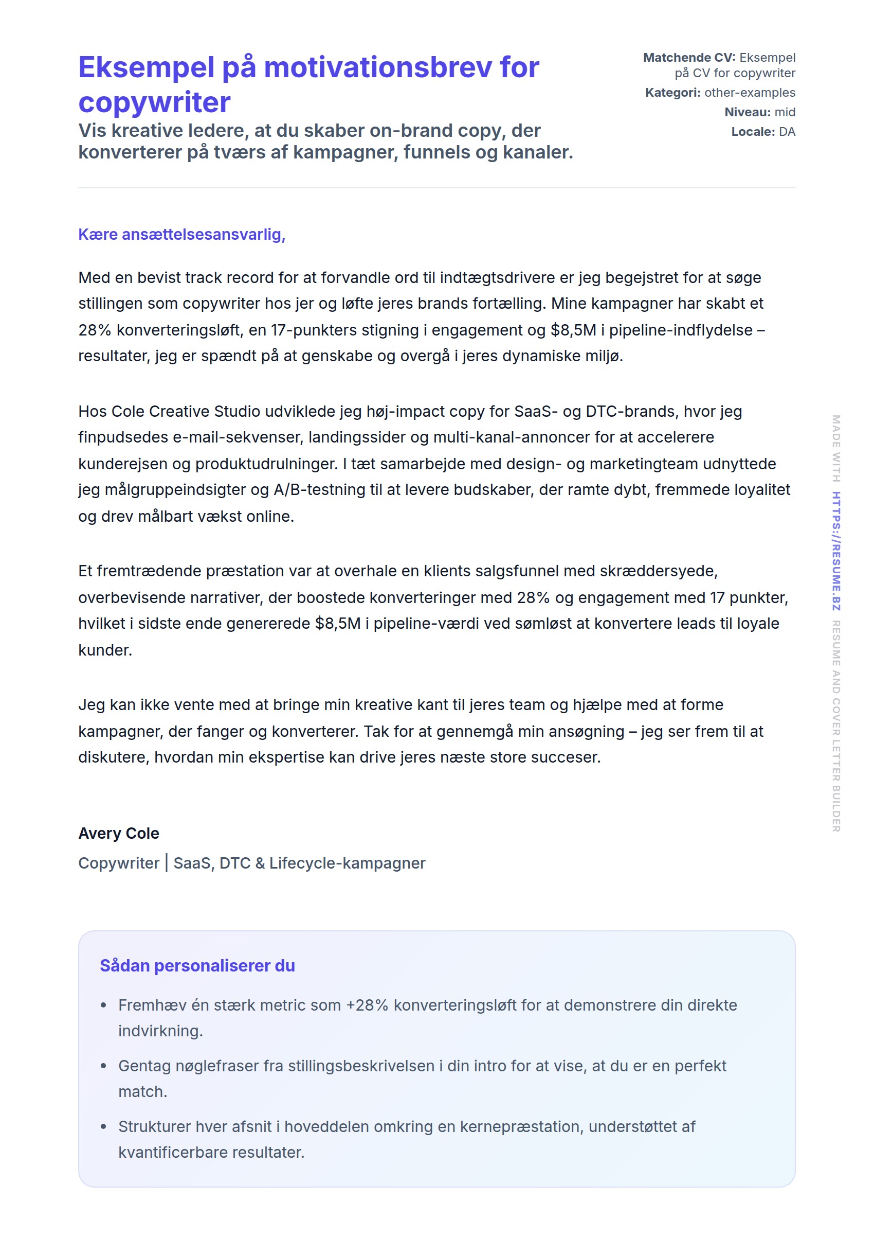Ansøgningsbrev forhåndsvisning for Eksempel på motivationsbrev for copywriter