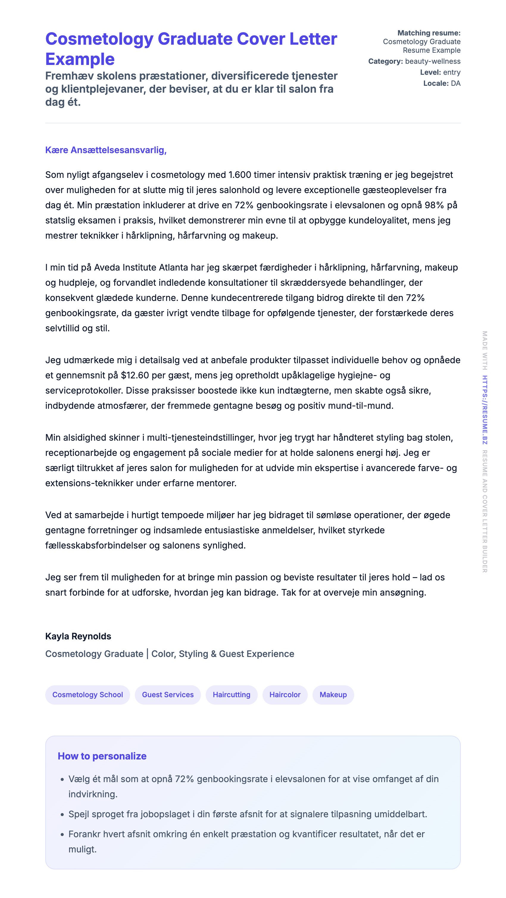 Ansøgningsbrev forhåndsvisning for Cosmetology Graduate Cover Letter Example