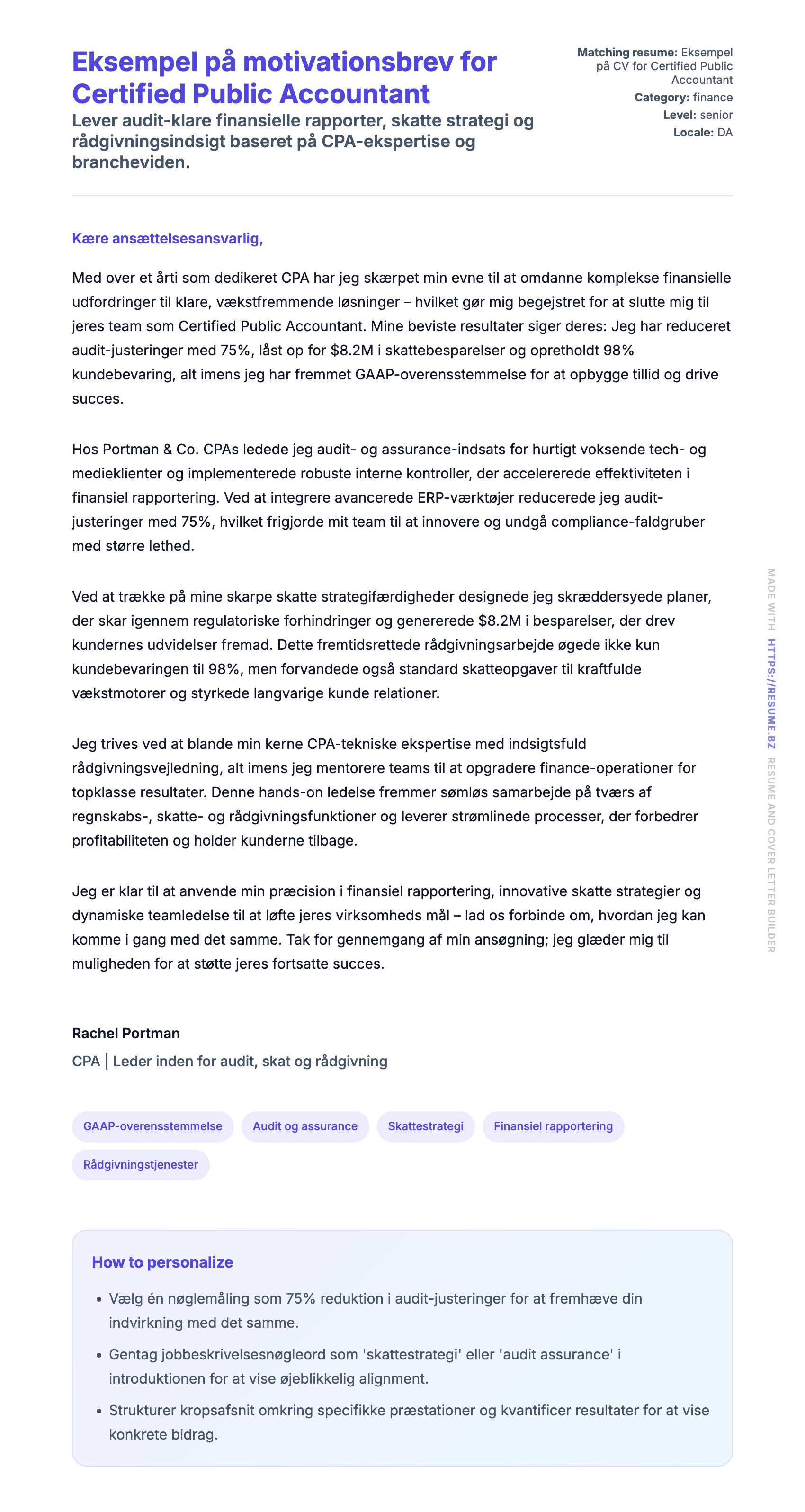 Ansøgningsbrev forhåndsvisning for Eksempel på motivationsbrev for Certified Public Accountant