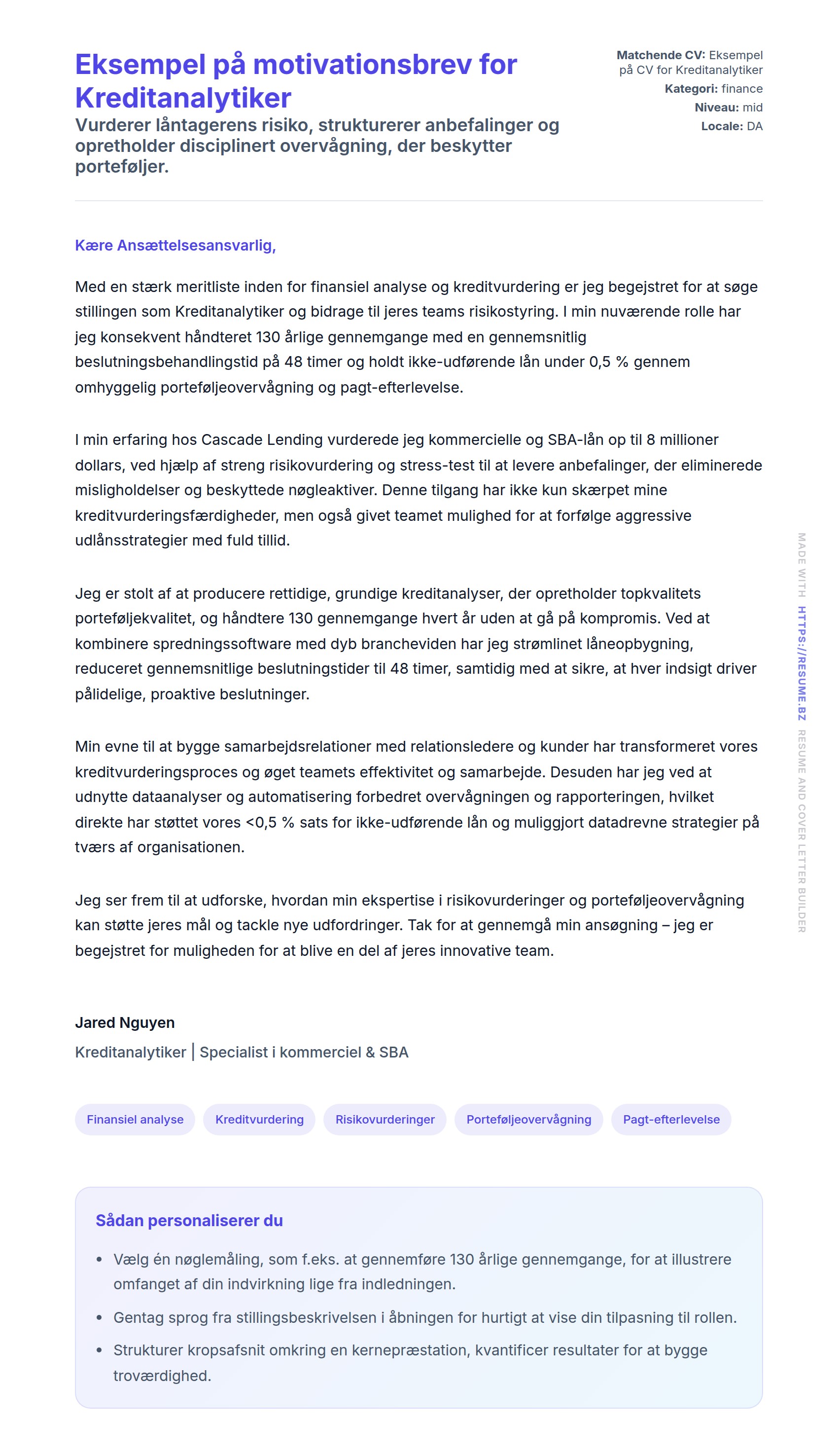 Eksempel på motivationsbrev for Kreditanalytiker