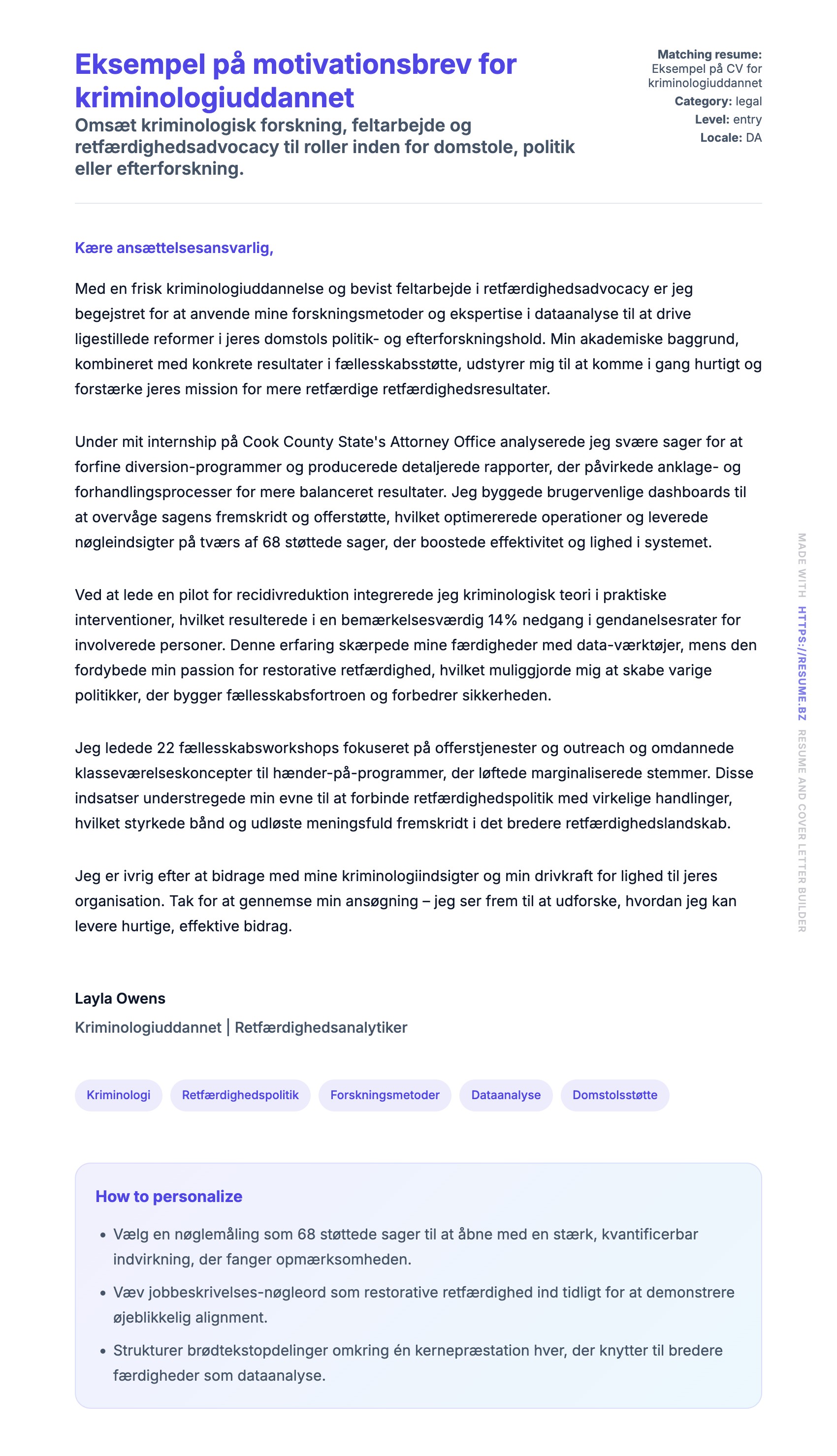 Ansøgningsbrev forhåndsvisning for Eksempel på motivationsbrev for kriminologiuddannet