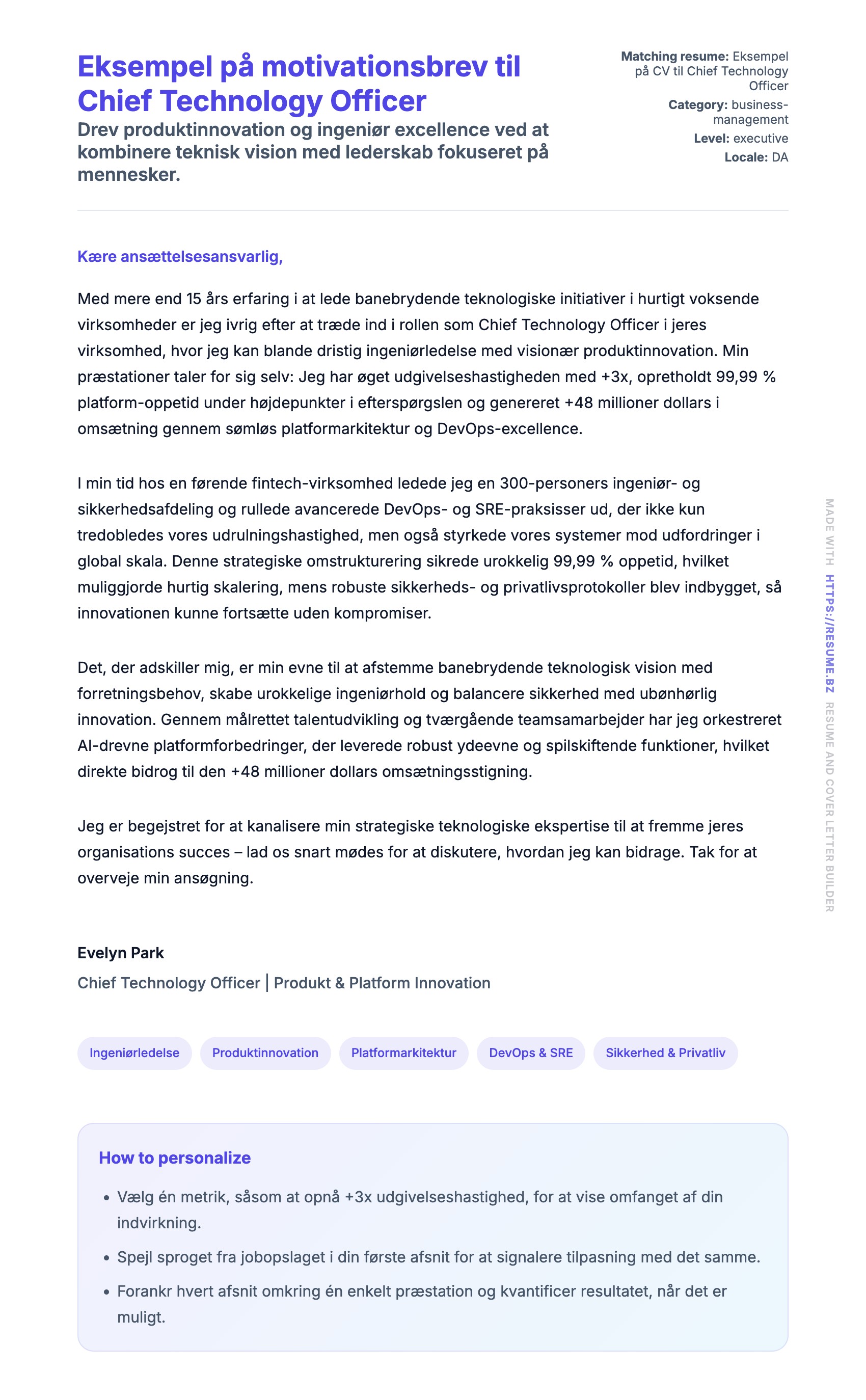 Ansøgningsbrev forhåndsvisning for Eksempel på motivationsbrev til Chief Technology Officer
