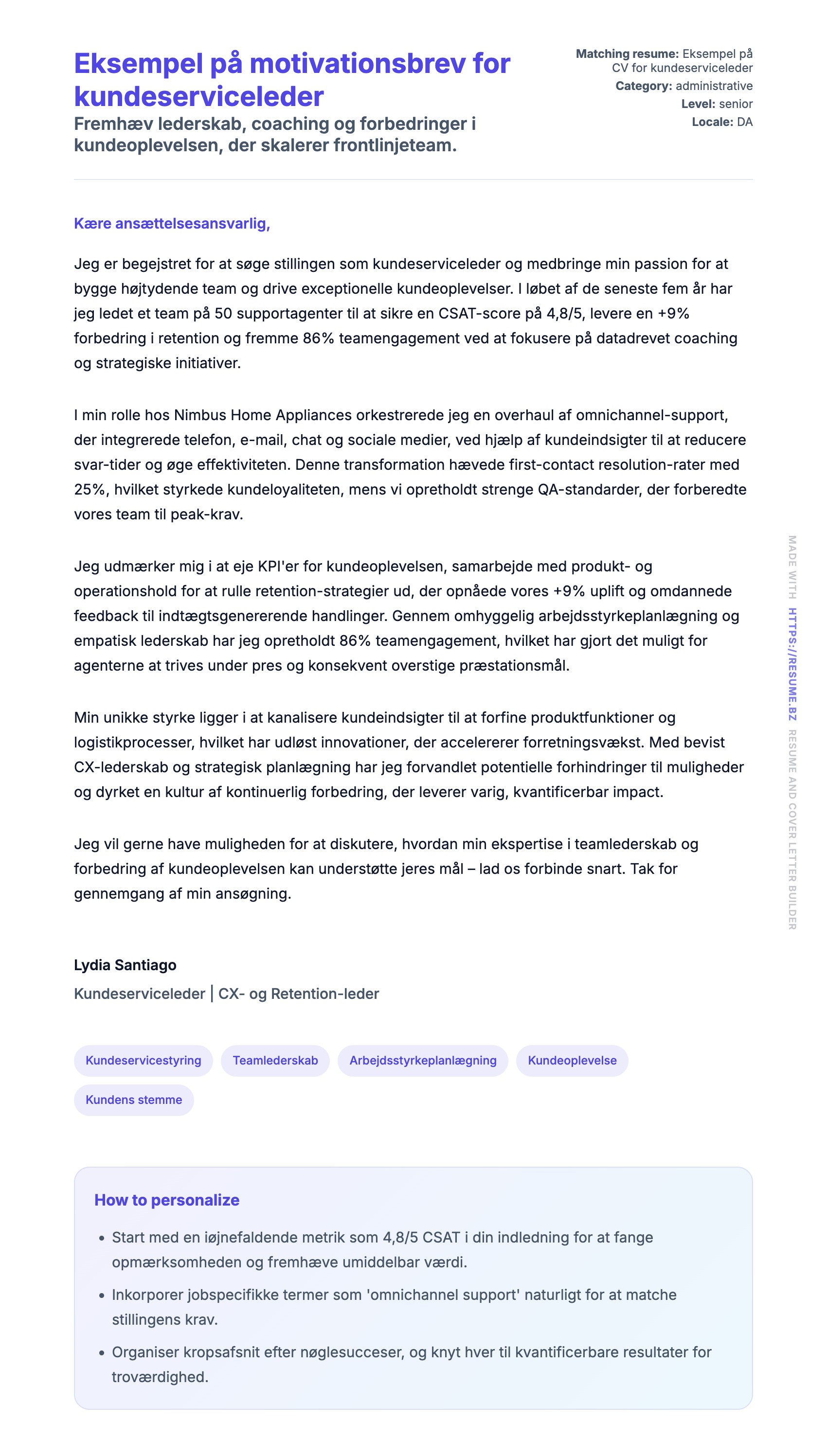 Ansøgningsbrev forhåndsvisning for Eksempel på motivationsbrev for kundeserviceleder