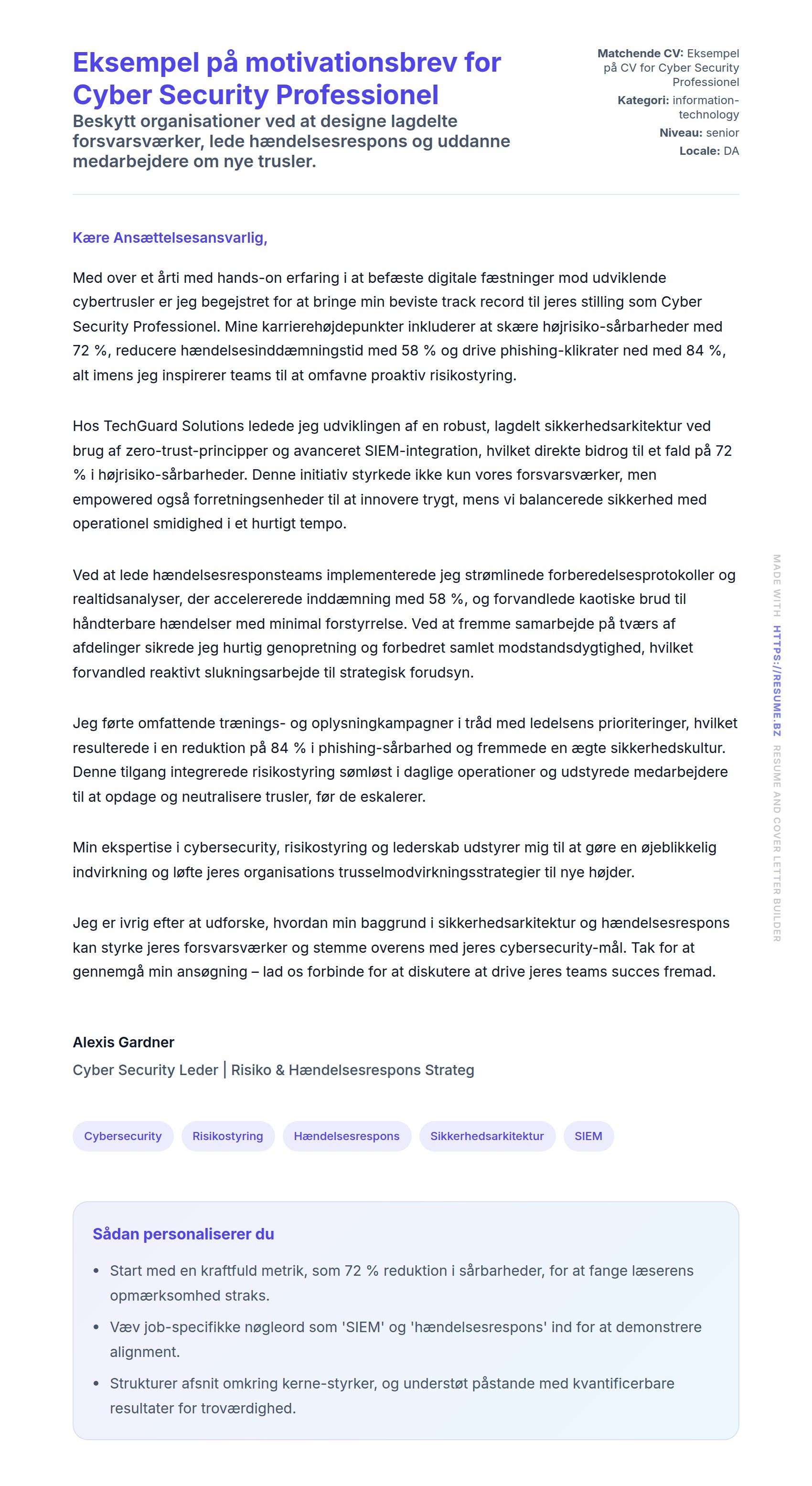 Ansøgningsbrev forhåndsvisning for Eksempel på motivationsbrev for Cyber Security Professionel