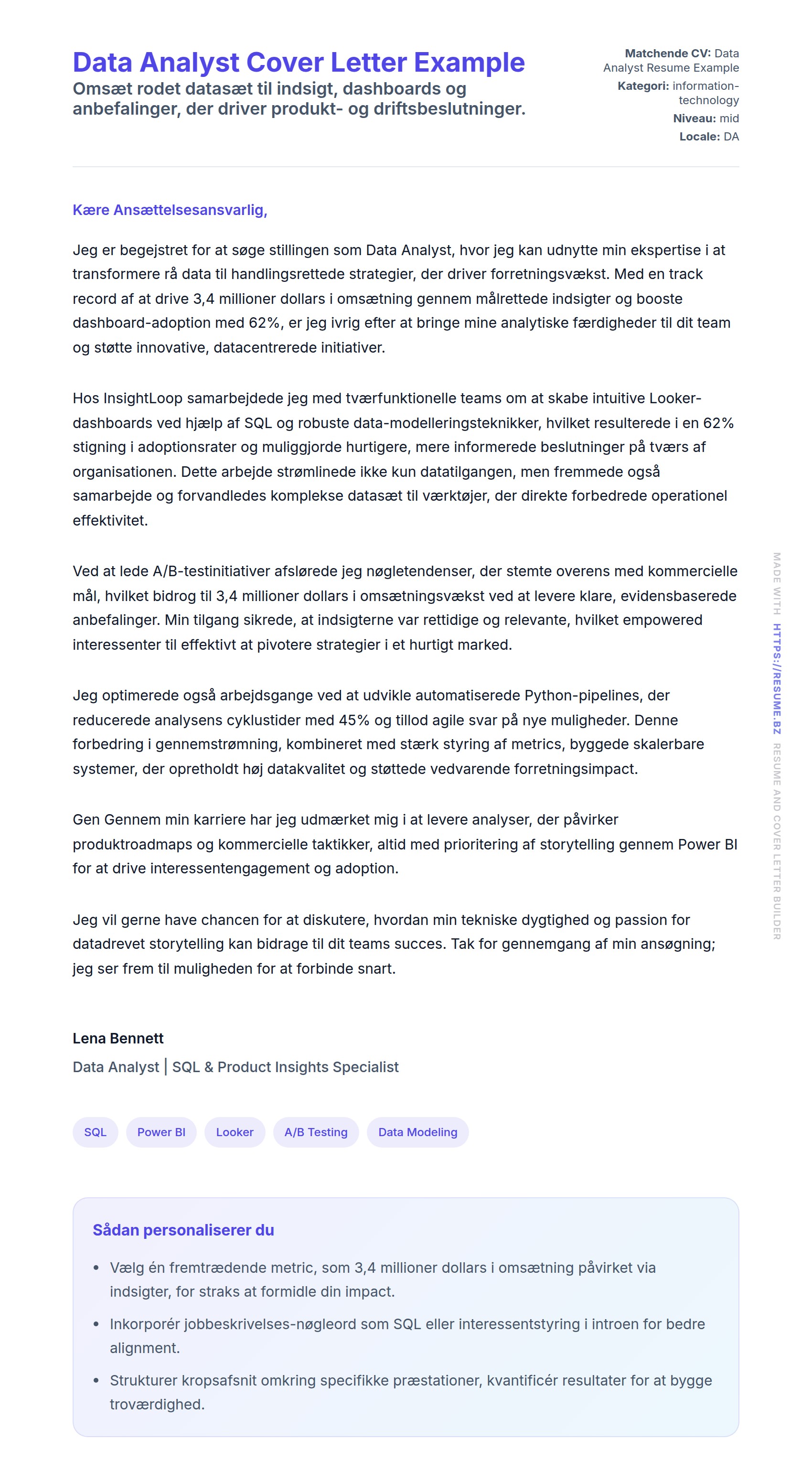 Ansøgningsbrev forhåndsvisning for Data Analyst Cover Letter Example