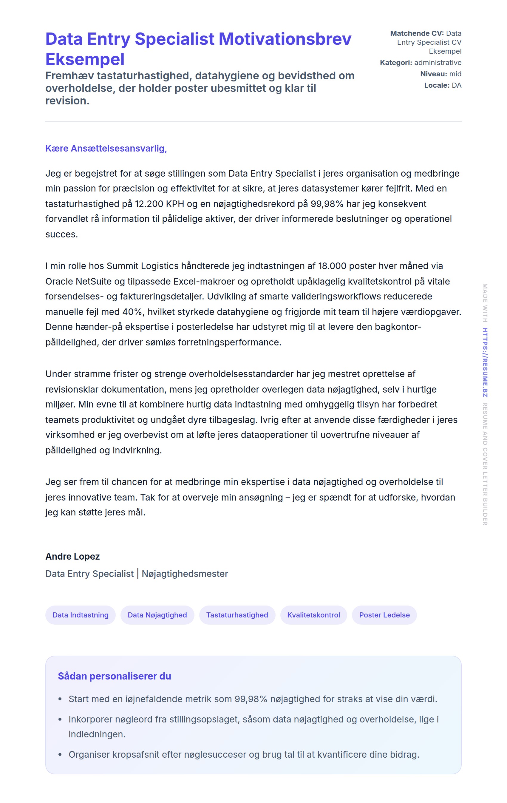 Ansøgningsbrev forhåndsvisning for Data Entry Specialist Motivationsbrev Eksempel
