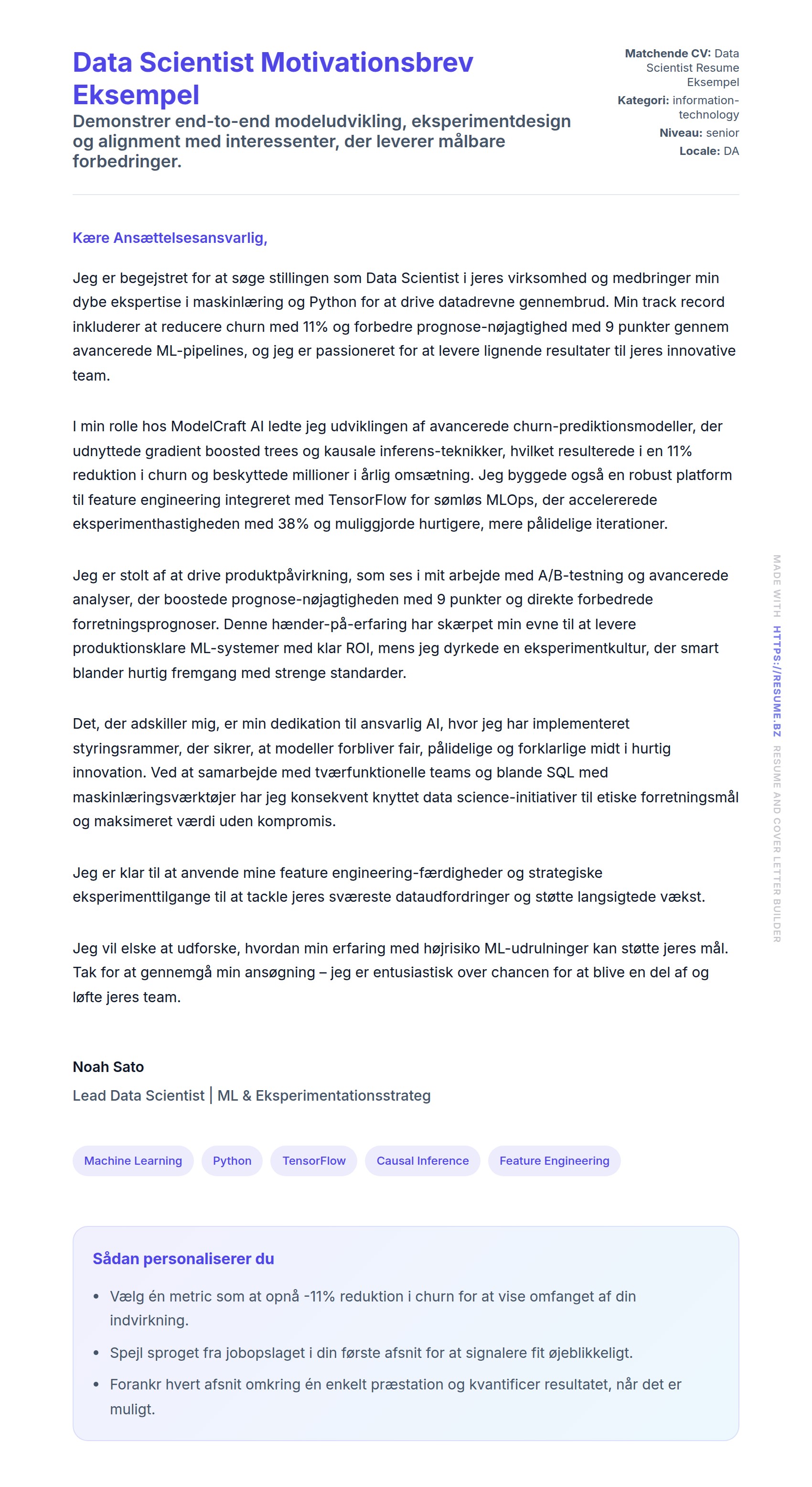 Ansøgningsbrev forhåndsvisning for Data Scientist Motivationsbrev Eksempel