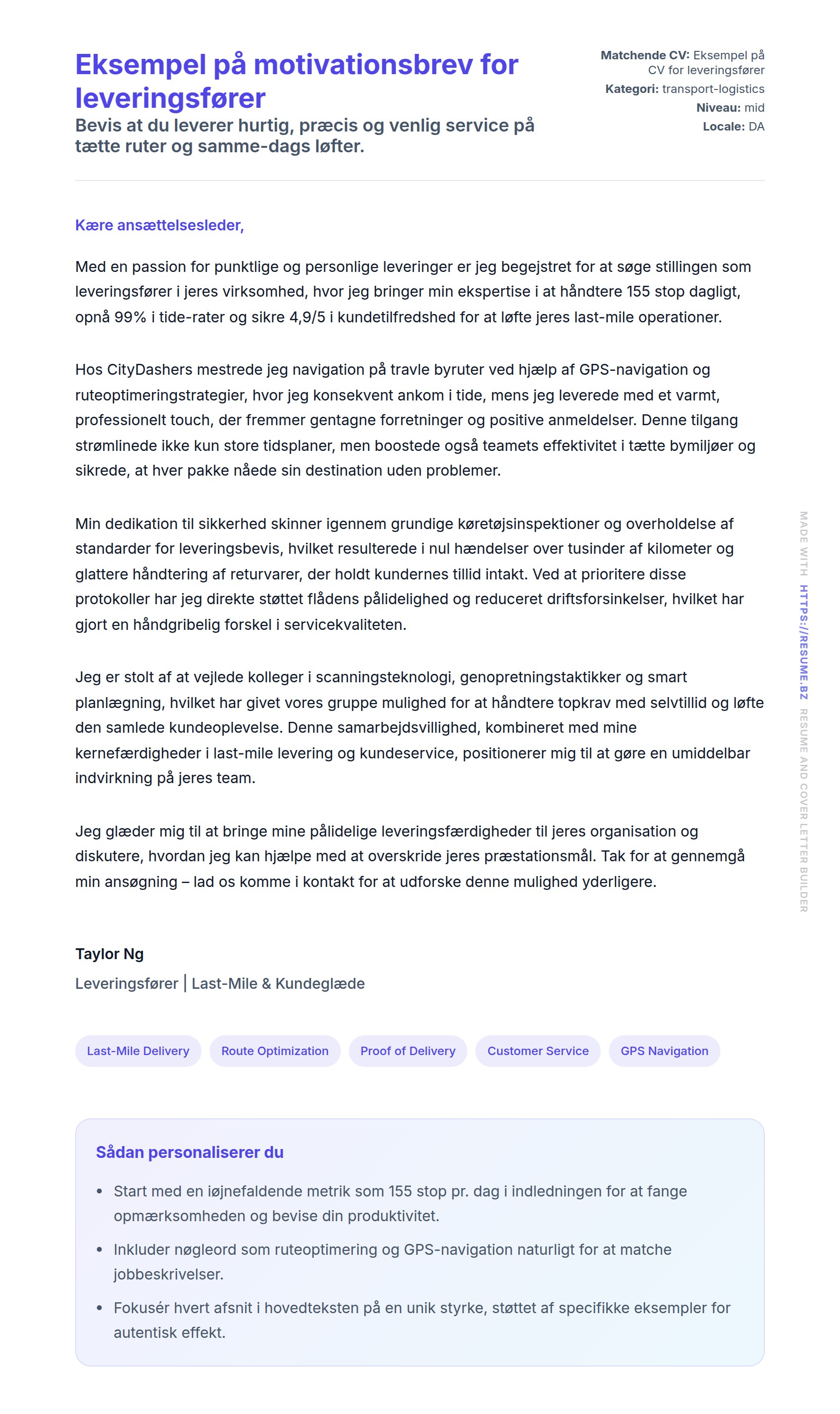 Eksempel på motivationsbrev for leveringsfører