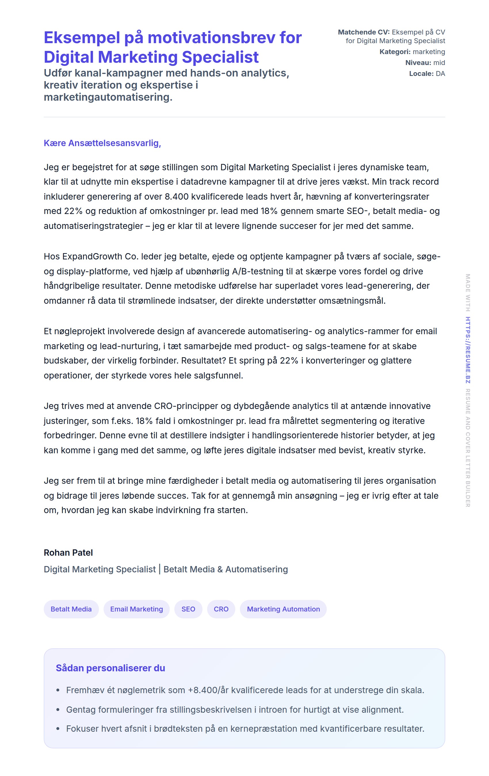 Ansøgningsbrev forhåndsvisning for Eksempel på motivationsbrev for Digital Marketing Specialist