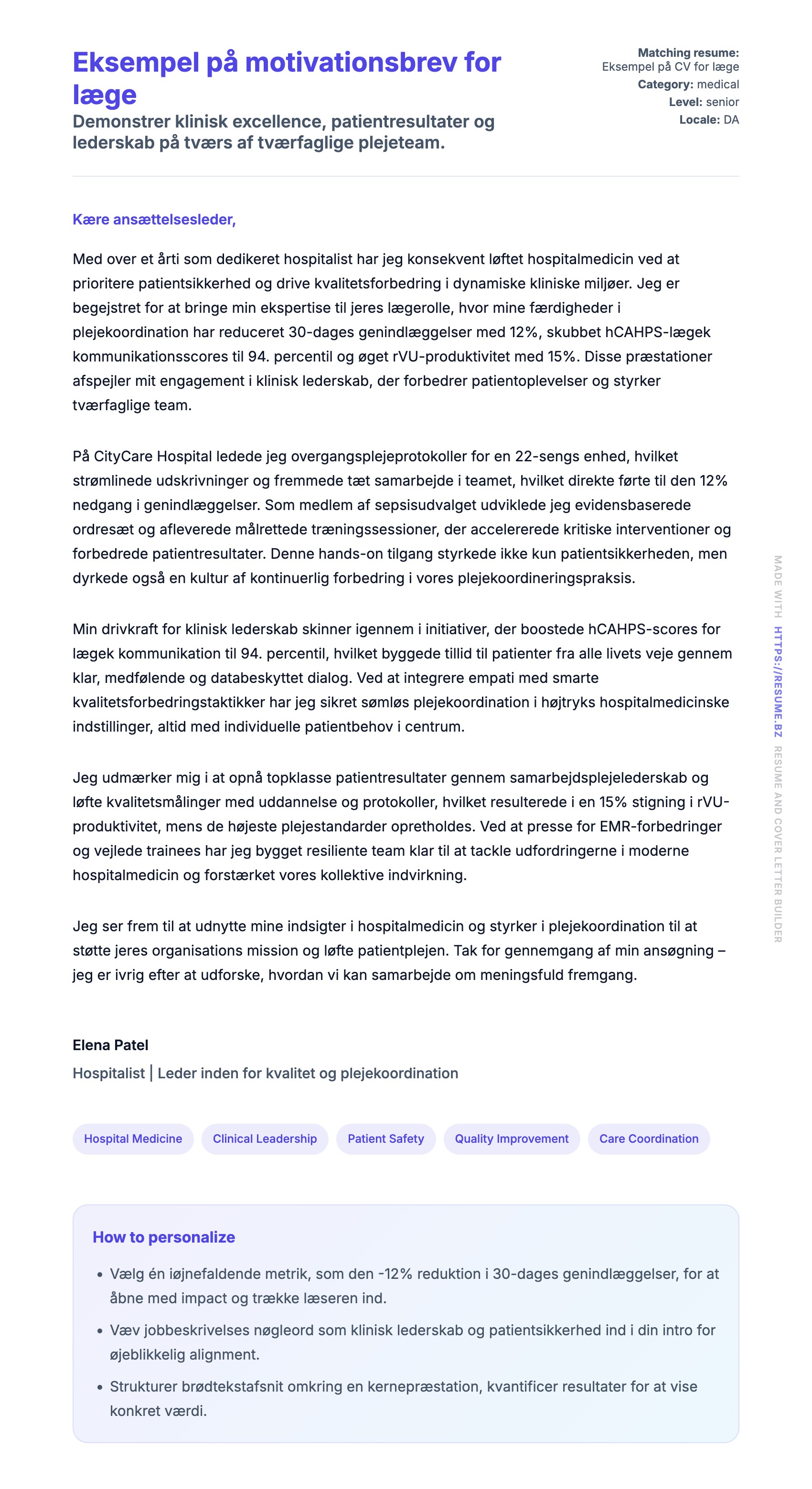 Ansøgningsbrev forhåndsvisning for Eksempel på motivationsbrev for læge