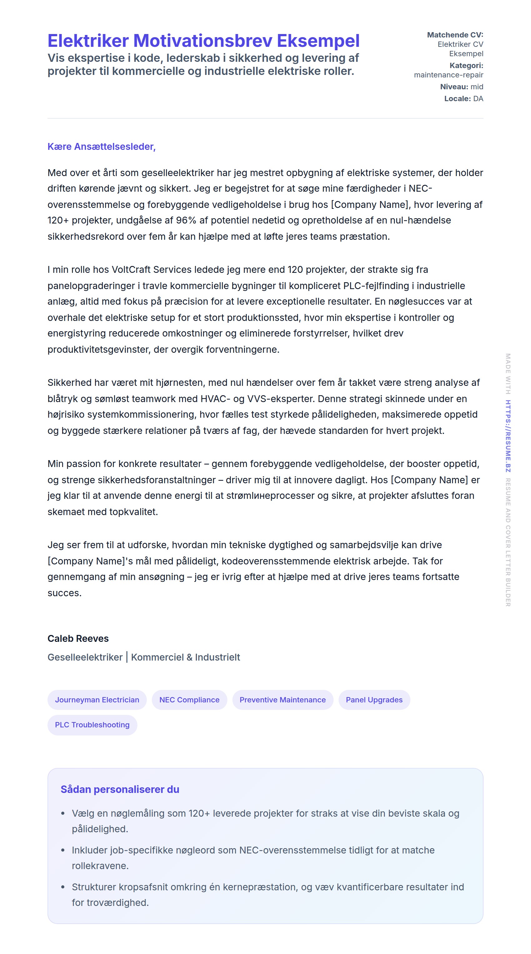 Ansøgningsbrev forhåndsvisning for Elektriker Motivationsbrev Eksempel