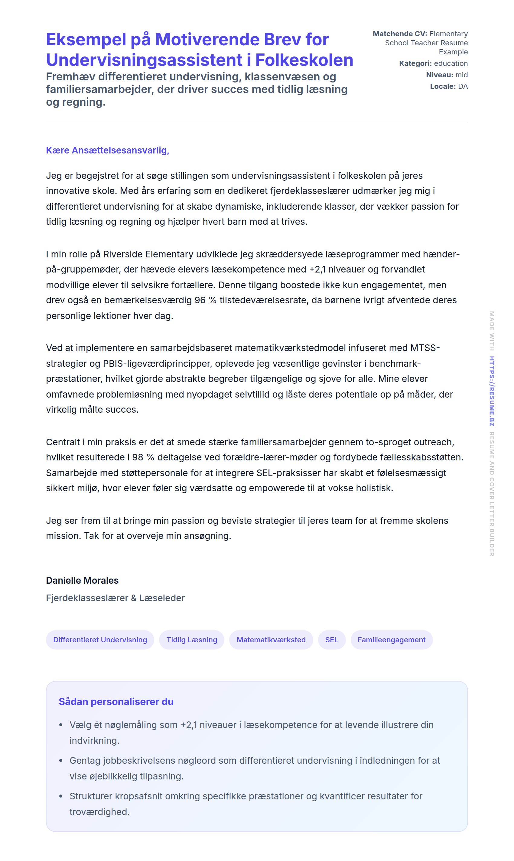 Ansøgningsbrev forhåndsvisning for Eksempel på Motiverende Brev for Undervisningsassistent i Folkeskolen