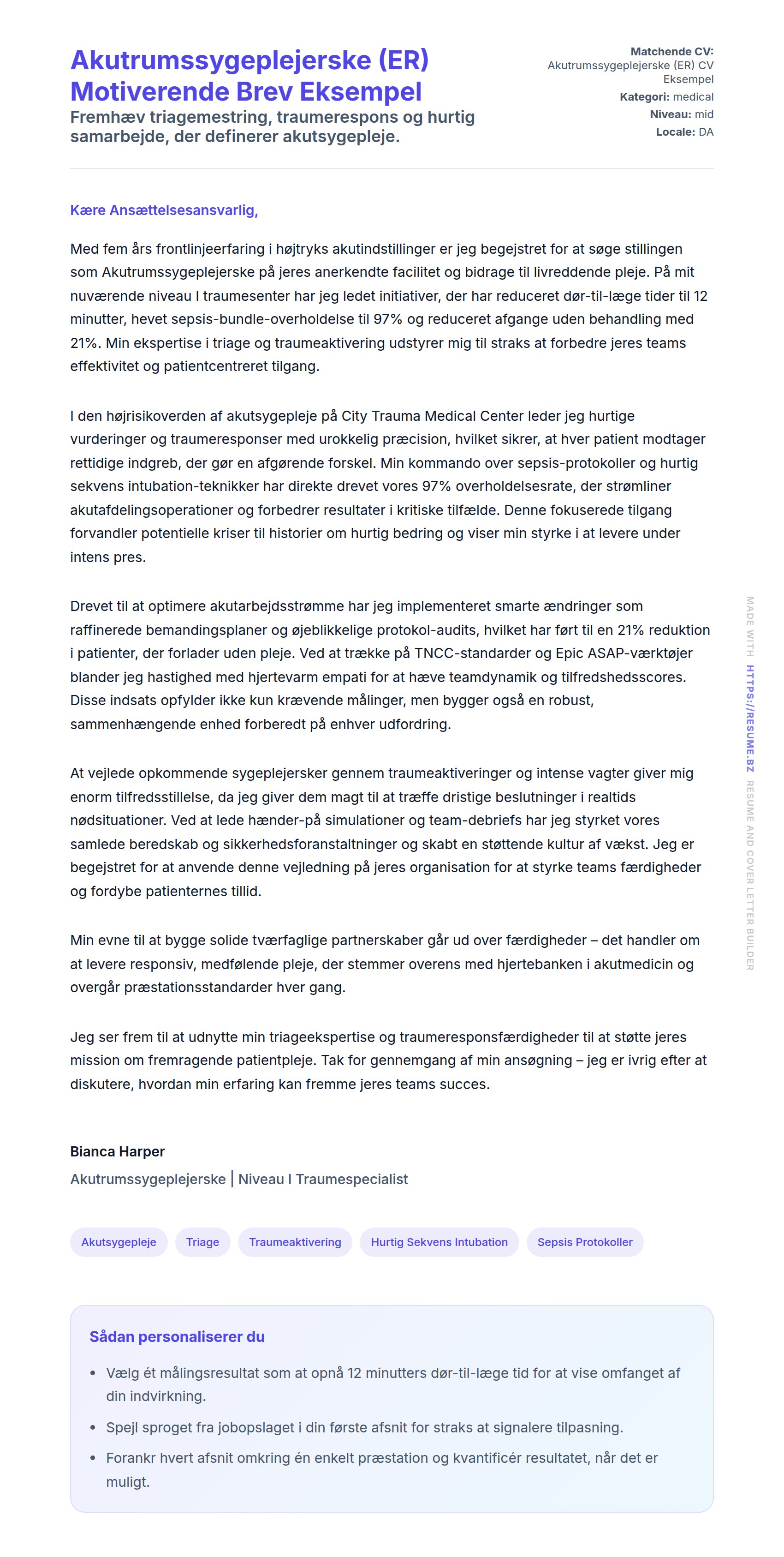 Ansøgningsbrev forhåndsvisning for Akutrumssygeplejerske (ER) Motiverende Brev Eksempel