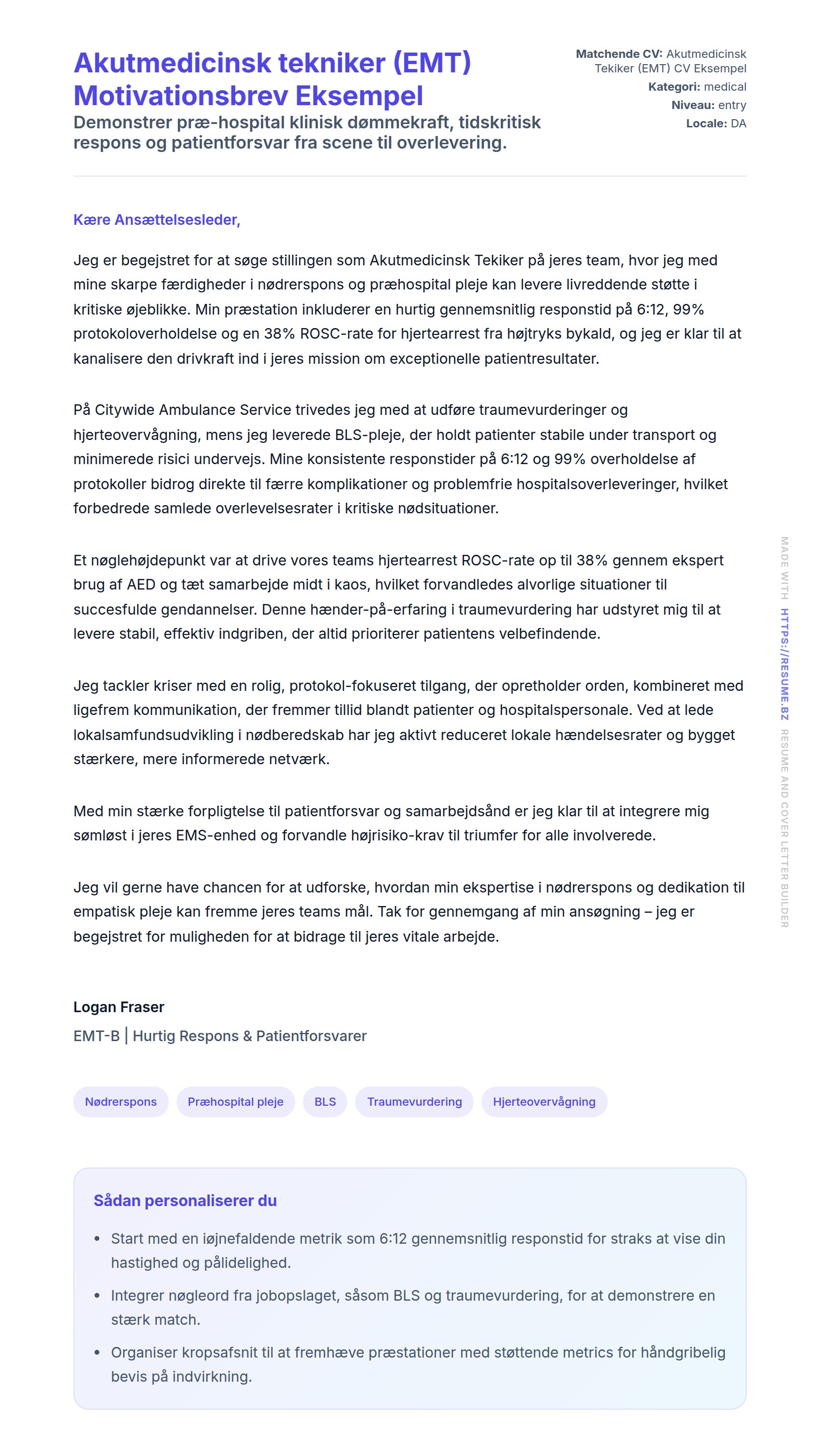 Ansøgningsbrev forhåndsvisning for Akutmedicinsk tekniker (EMT) Motivationsbrev Eksempel
