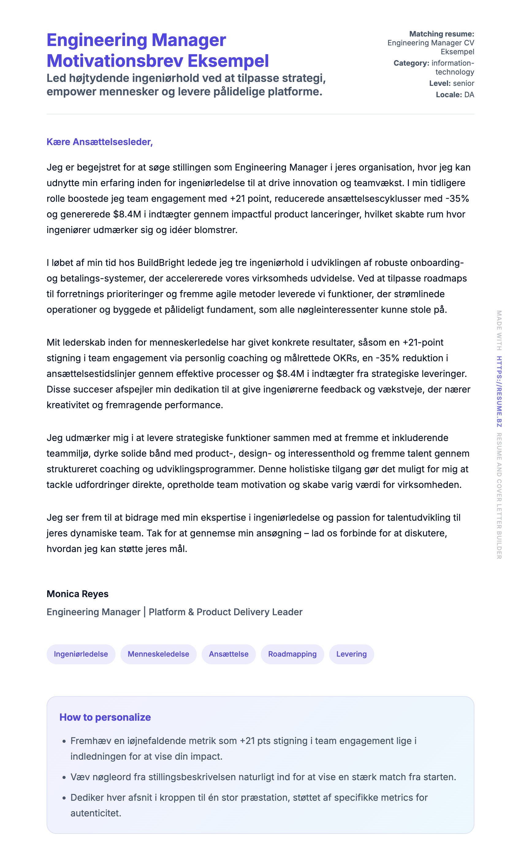 Ansøgningsbrev forhåndsvisning for Engineering Manager Motivationsbrev Eksempel