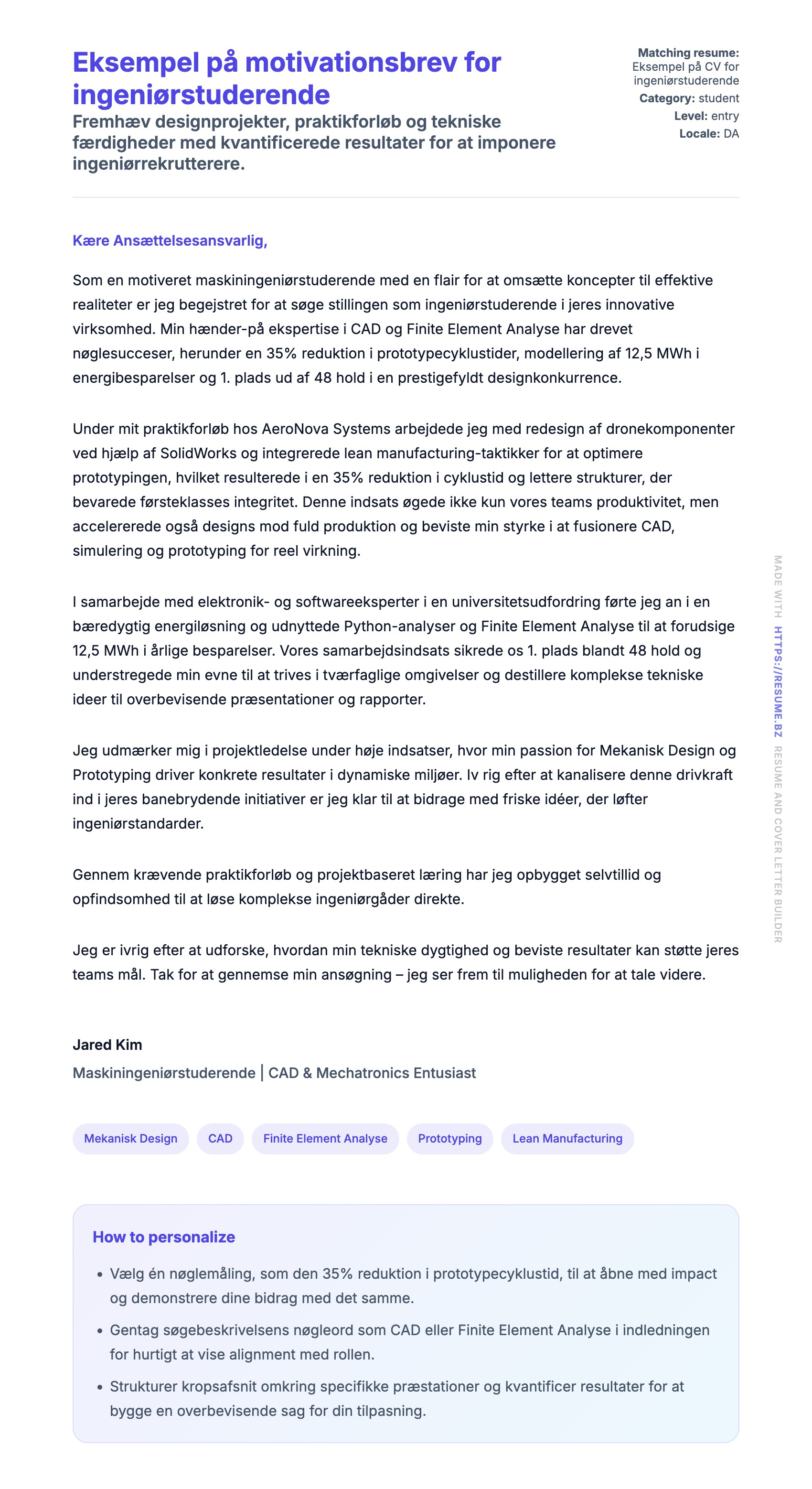 Ansøgningsbrev forhåndsvisning for Eksempel på motivationsbrev for ingeniørstuderende