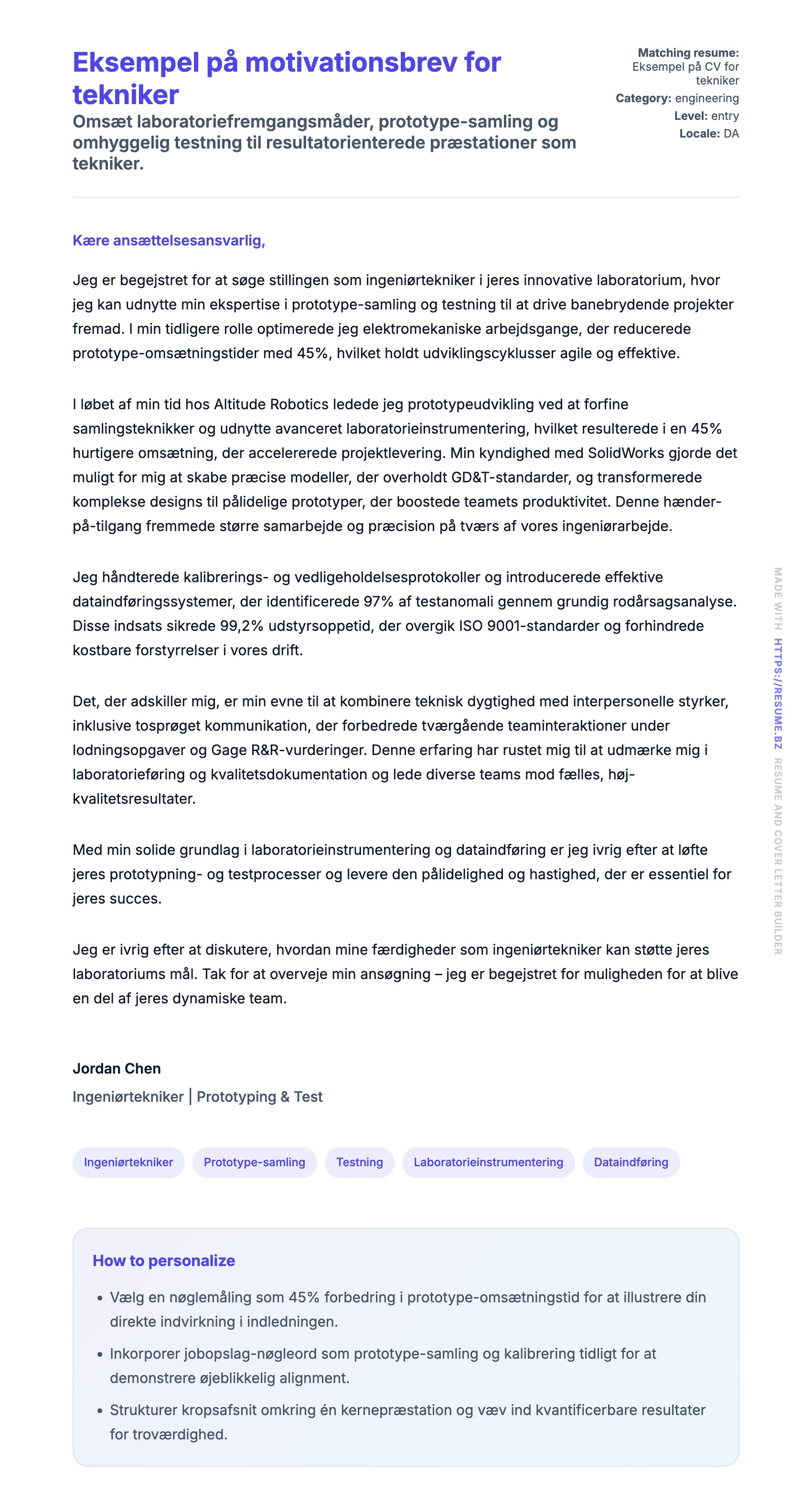 Ansøgningsbrev forhåndsvisning for Eksempel på motivationsbrev for tekniker