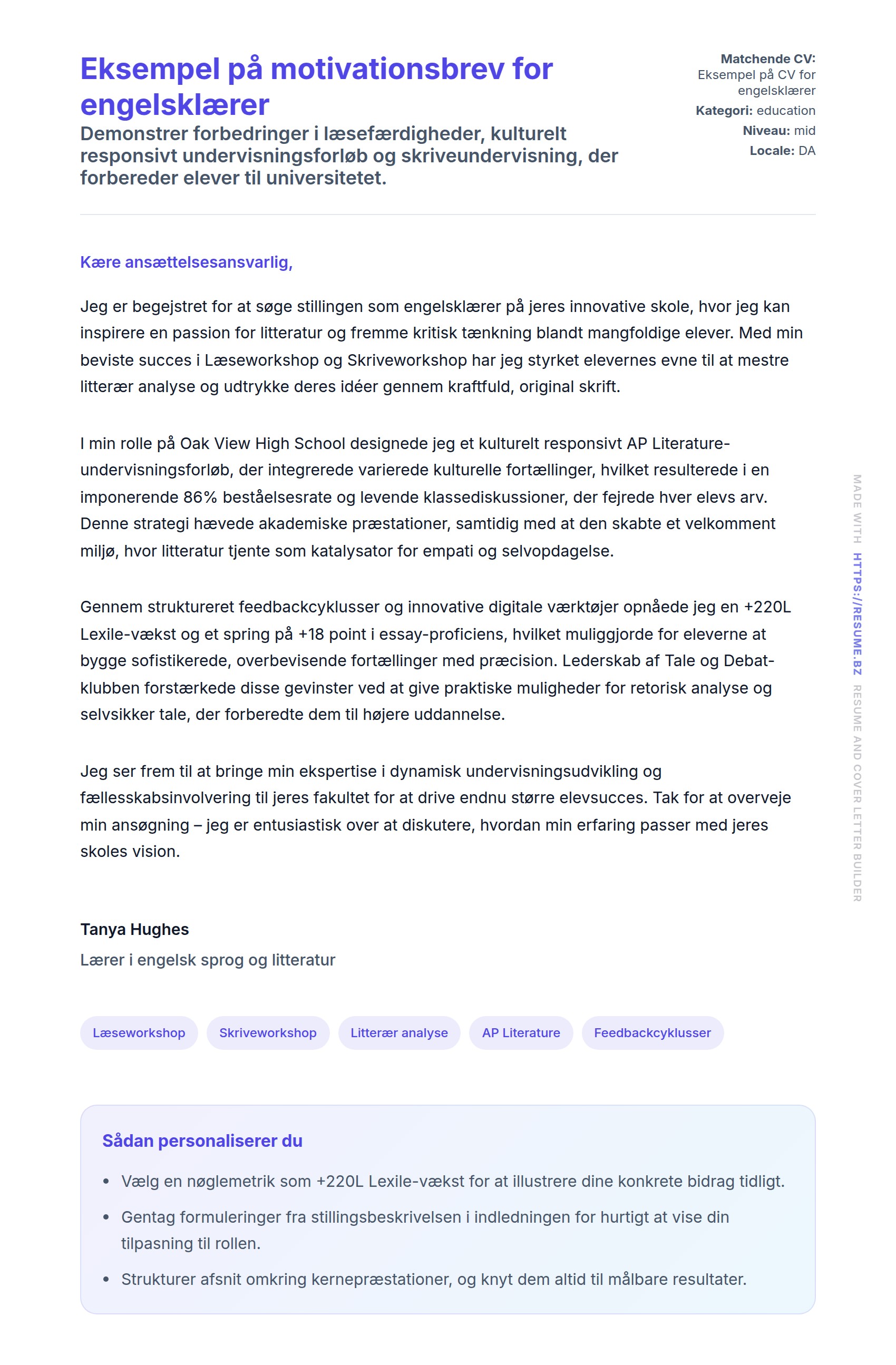 Ansøgningsbrev forhåndsvisning for Eksempel på motivationsbrev for engelsklærer