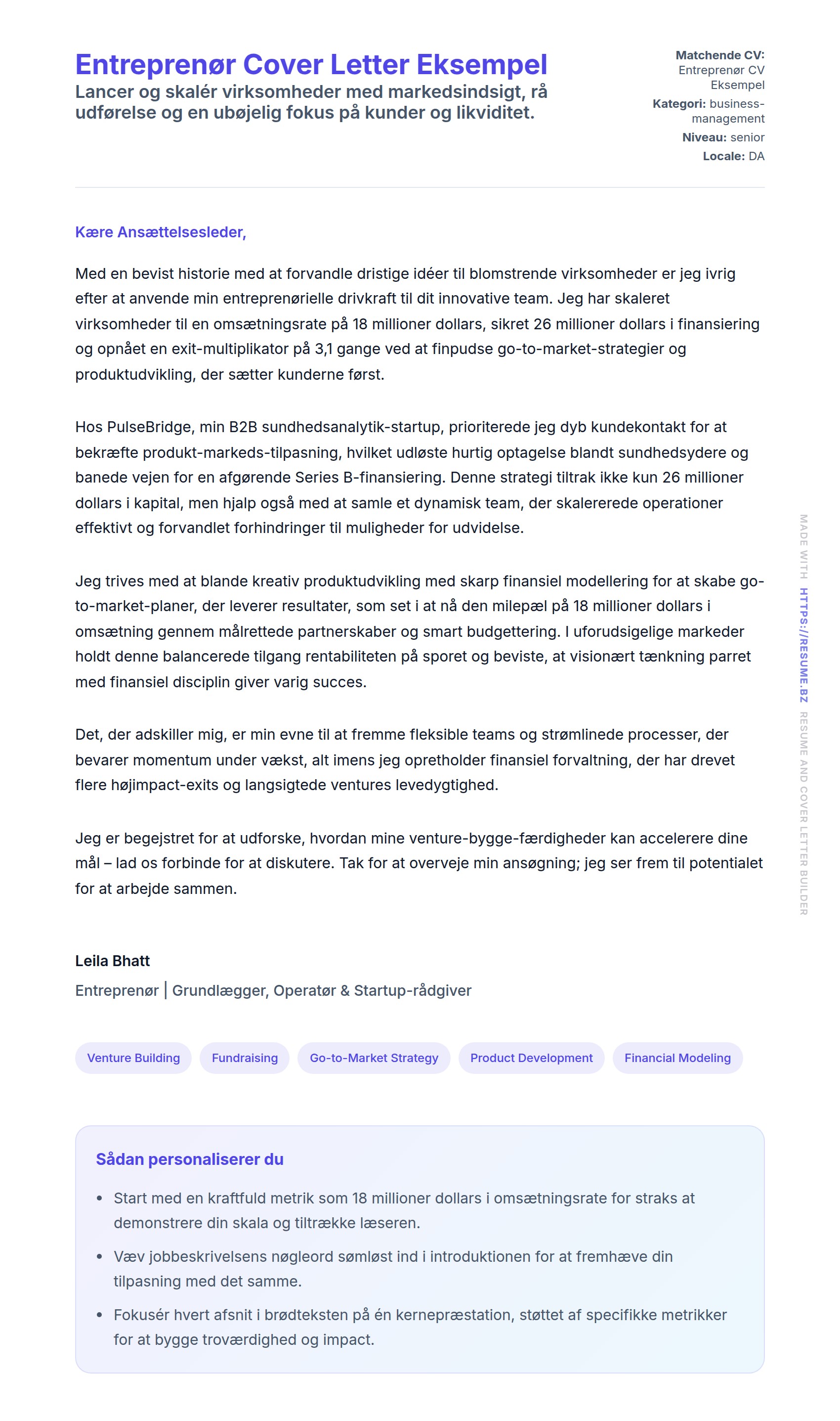 Ansøgningsbrev forhåndsvisning for Entreprenør Cover Letter Eksempel