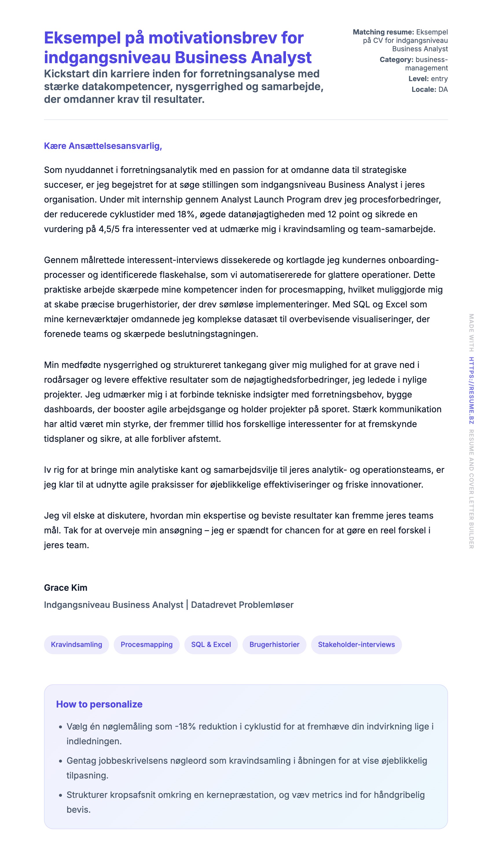Ansøgningsbrev forhåndsvisning for Eksempel på motivationsbrev for indgangsniveau Business Analyst