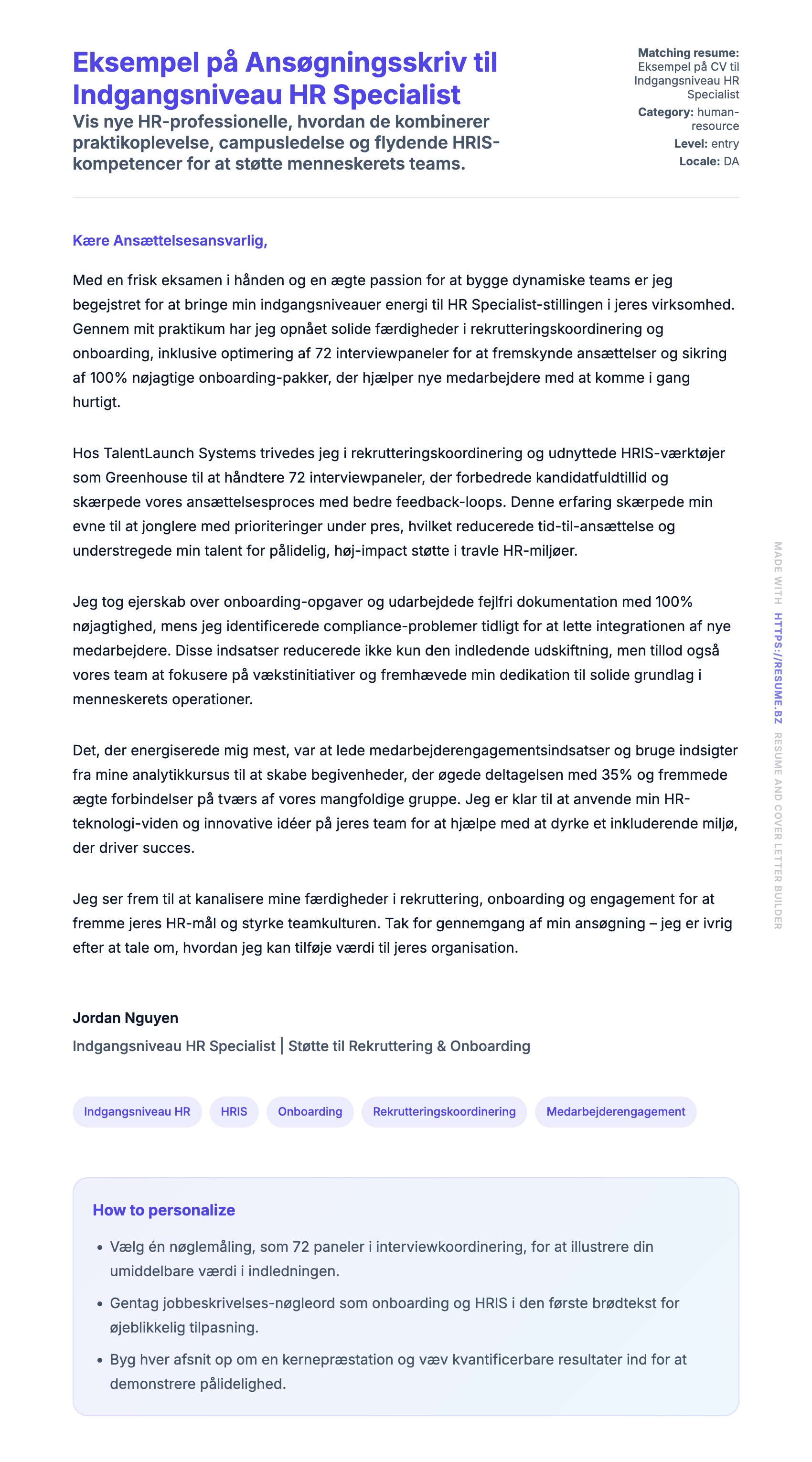 Ansøgningsbrev forhåndsvisning for Eksempel på Ansøgningsskriv til Indgangsniveau HR Specialist