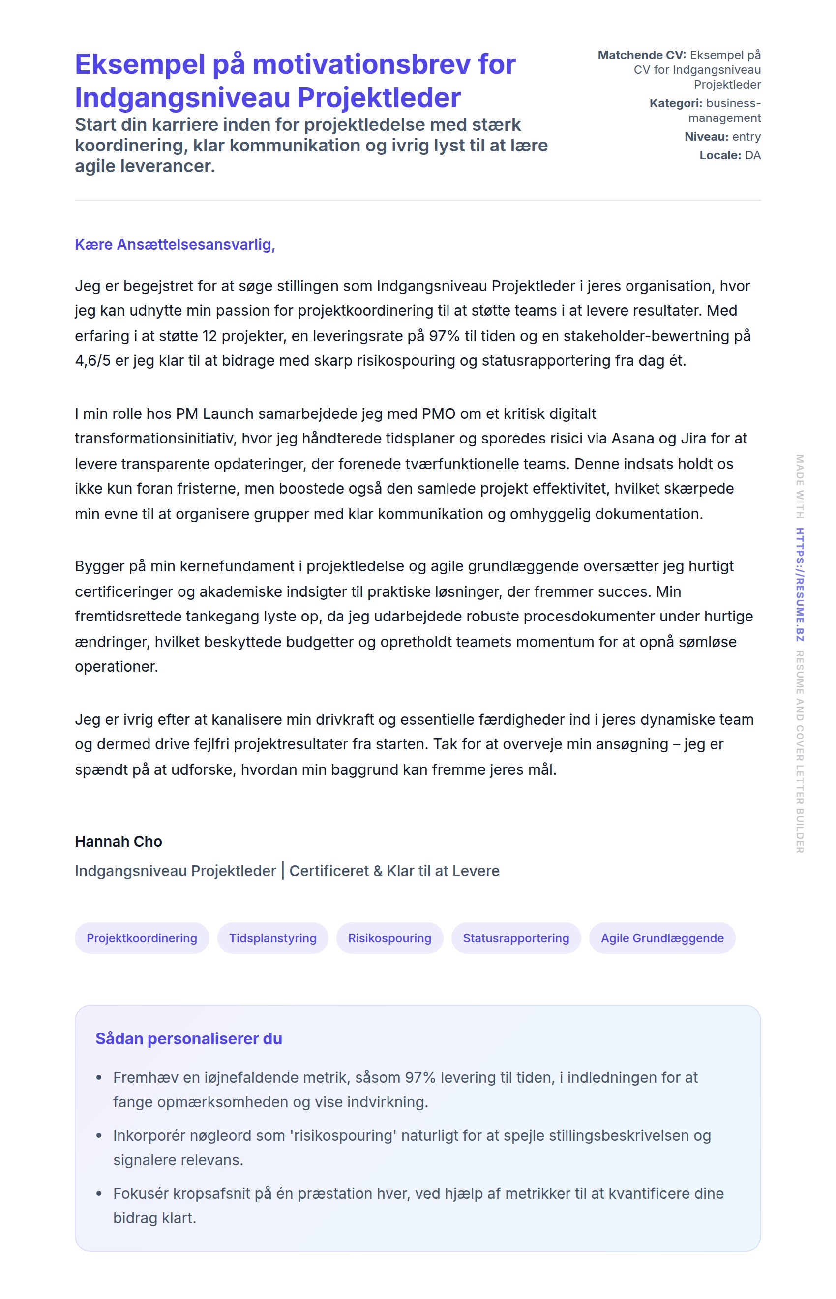 Ansøgningsbrev forhåndsvisning for Eksempel på motivationsbrev for Indgangsniveau Projektleder
